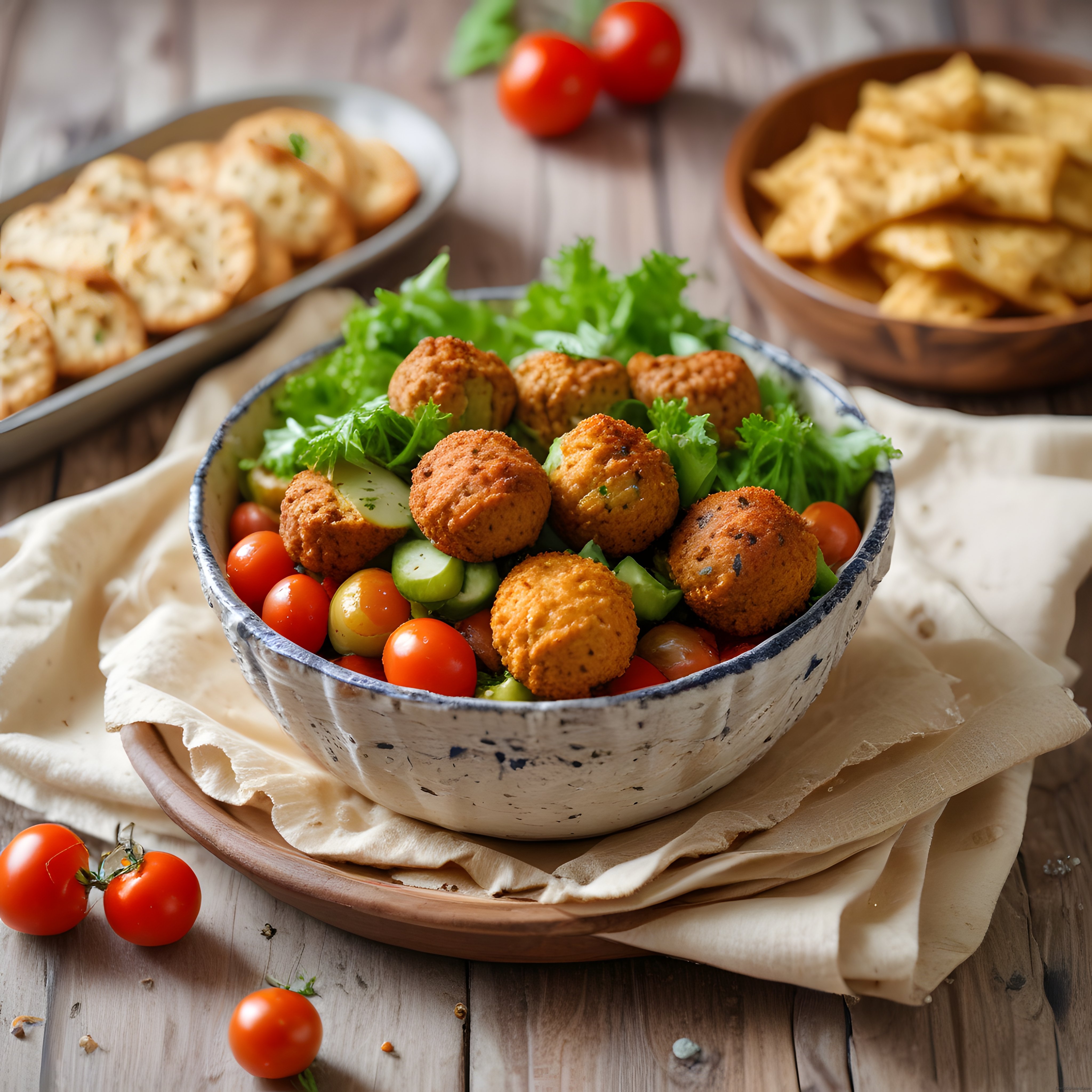 Ev Yapımı Falafel Kasesi: Taze Sebzeler ve Lavaş Eşliğinde Lezzetli Sunum