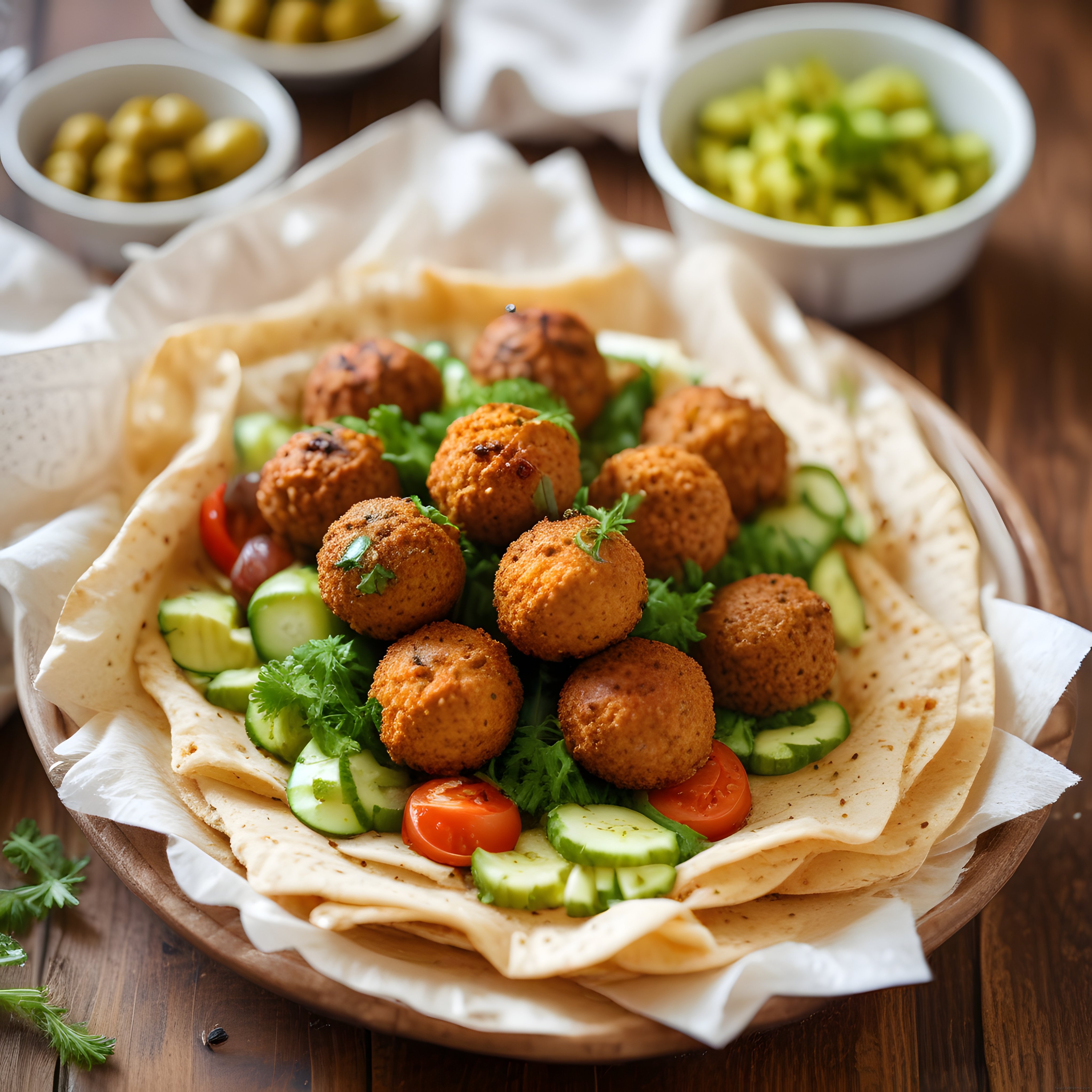 Ev Yapımı Falafel Tabağı: Çıtır Köfteler ve Taze Sebzelerle Lavaş Sunumu