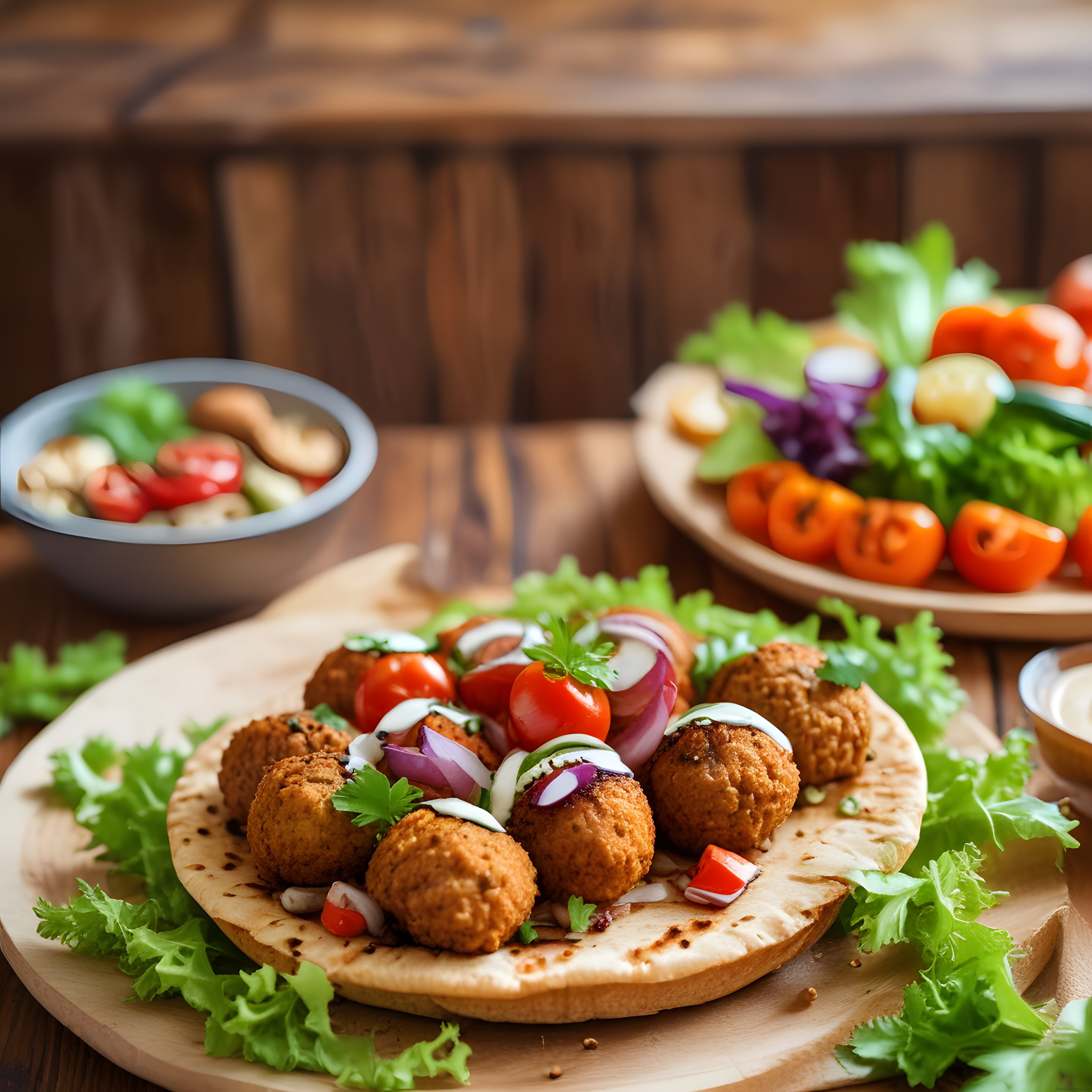 Ev yapımı falafel, taze sebzeler ve yeşillikle rustik sunum tahtası