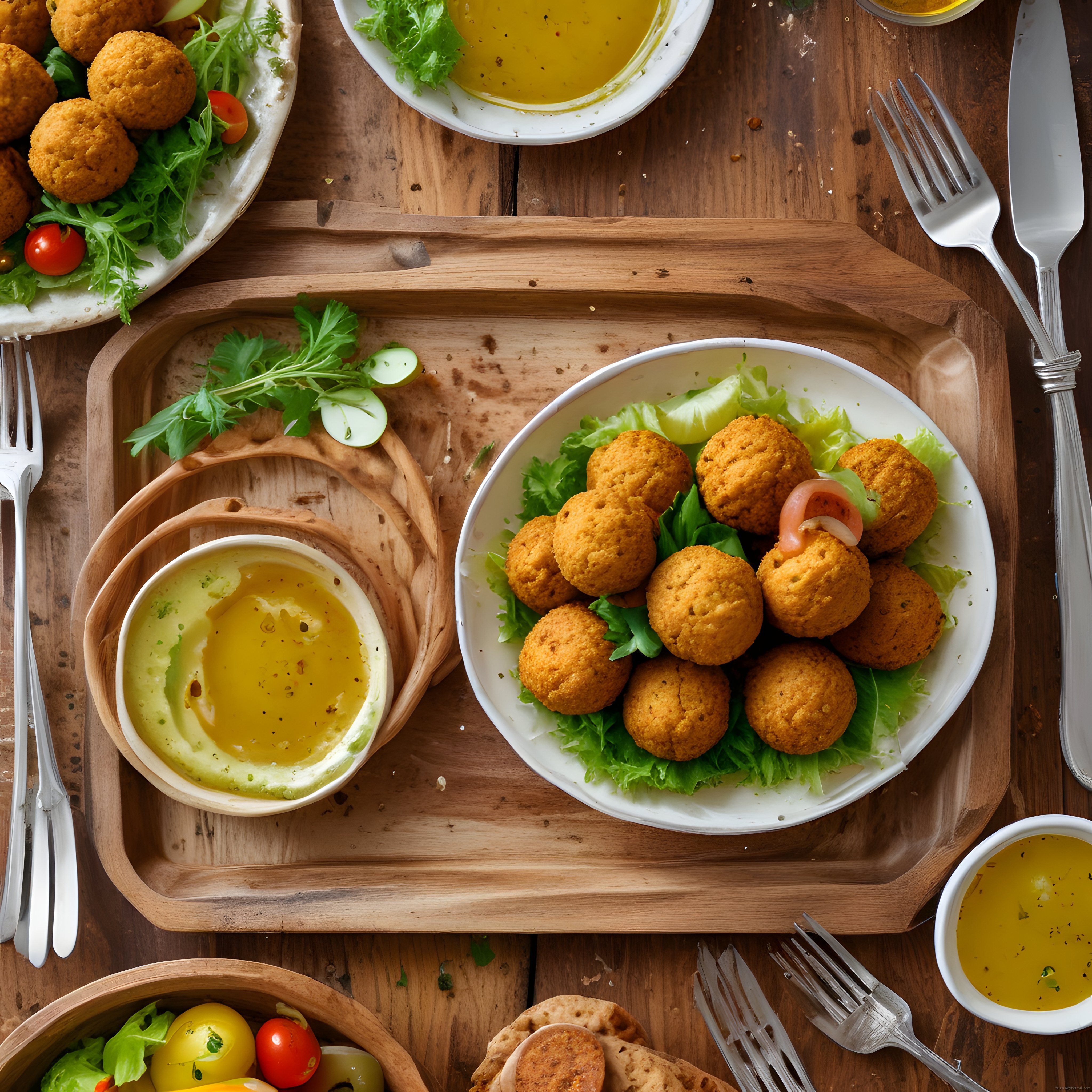Ev Yapımı Falafel Topları Taze Yeşillikler ve Zeytinyağlı Sos Eşliğinde
