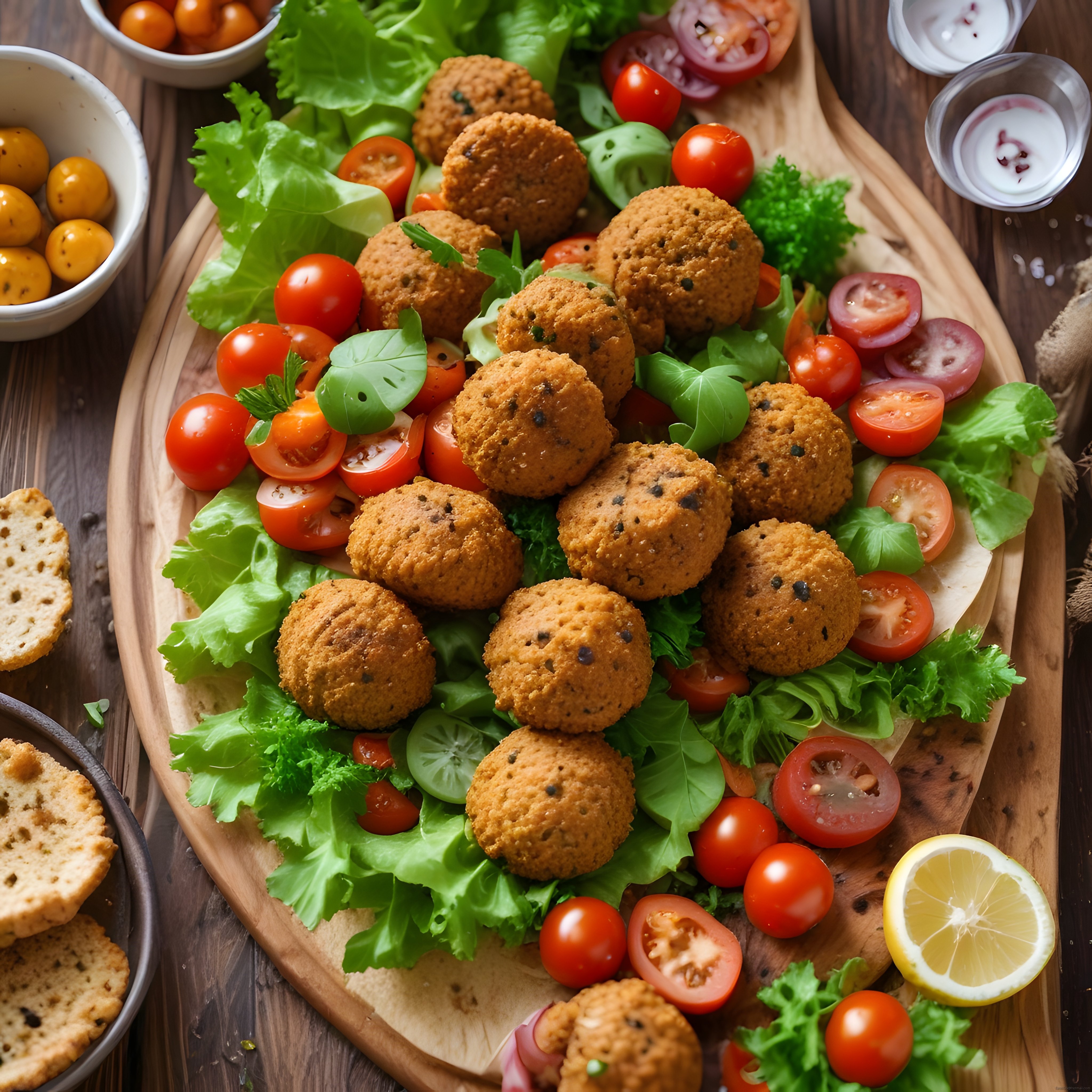 Ev Yapımı Falafel Topları ve Renkli Salata ile Sağlıklı Yemek Sunumu