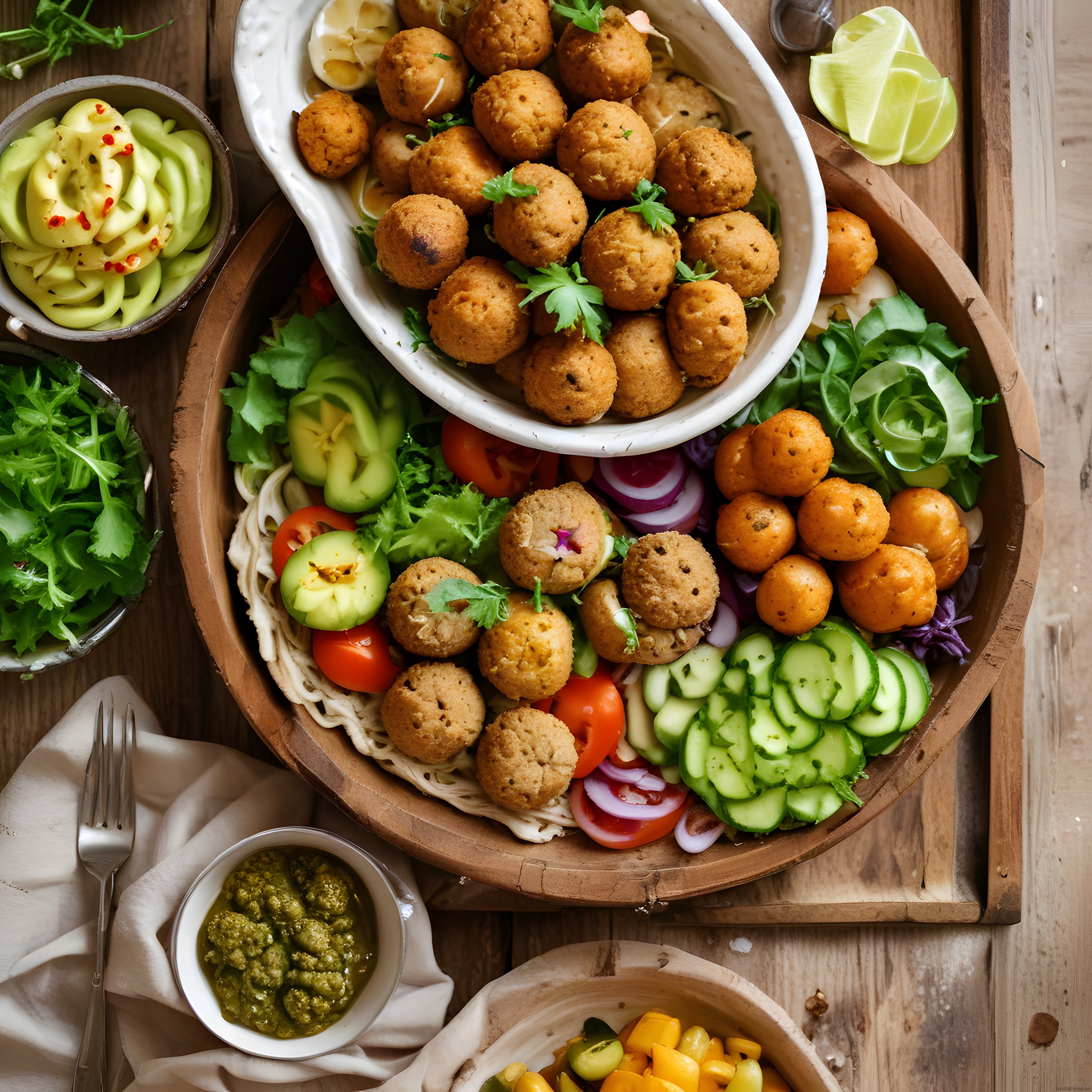 Ev Yapımı Falafel ve Taze Sebzelerle Renkli Meze Tabağı Sunumu