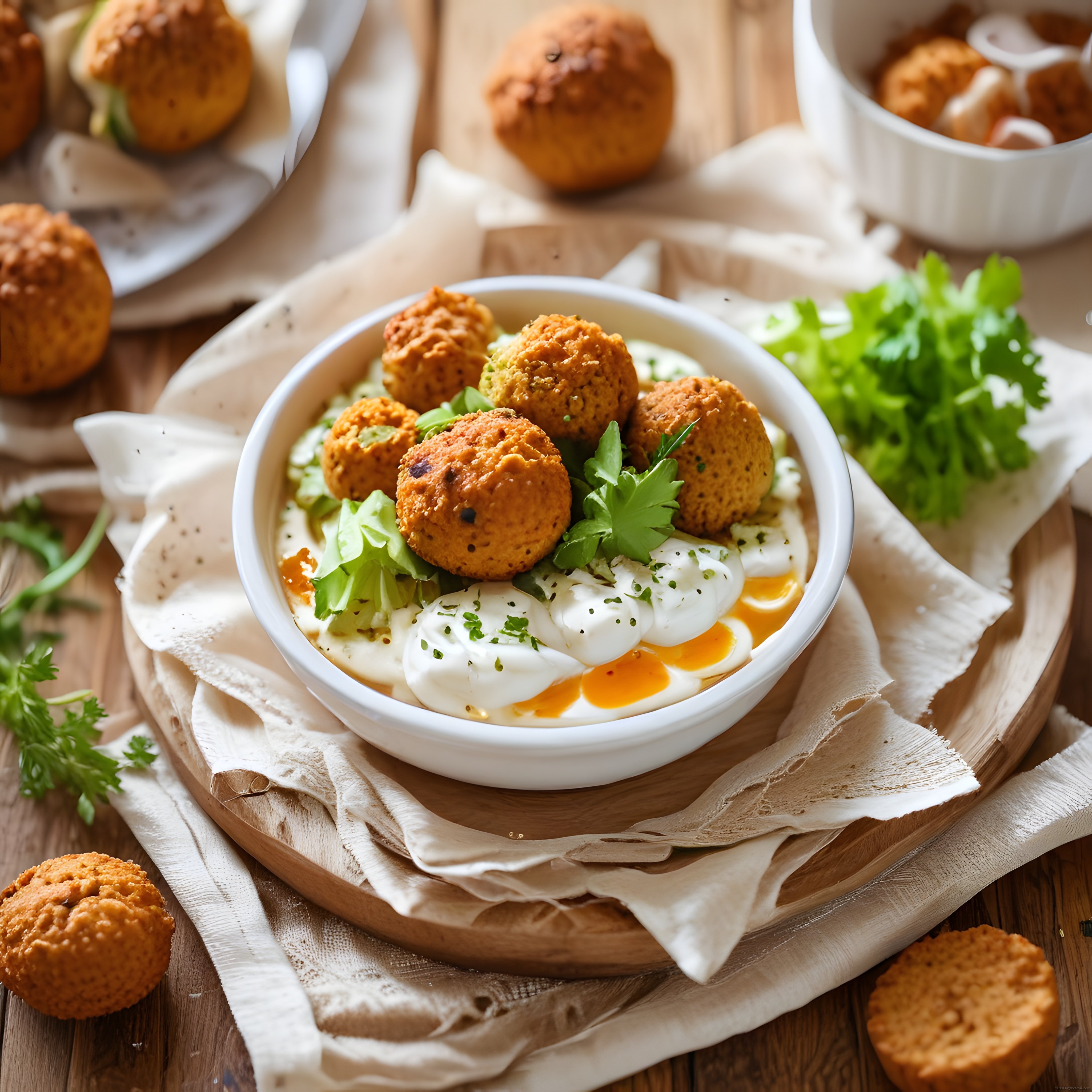 Ev Yapımı Falafel ve Yumurtalı Yoğurt Soslu Sağlıklı Kahvaltı Kasesi