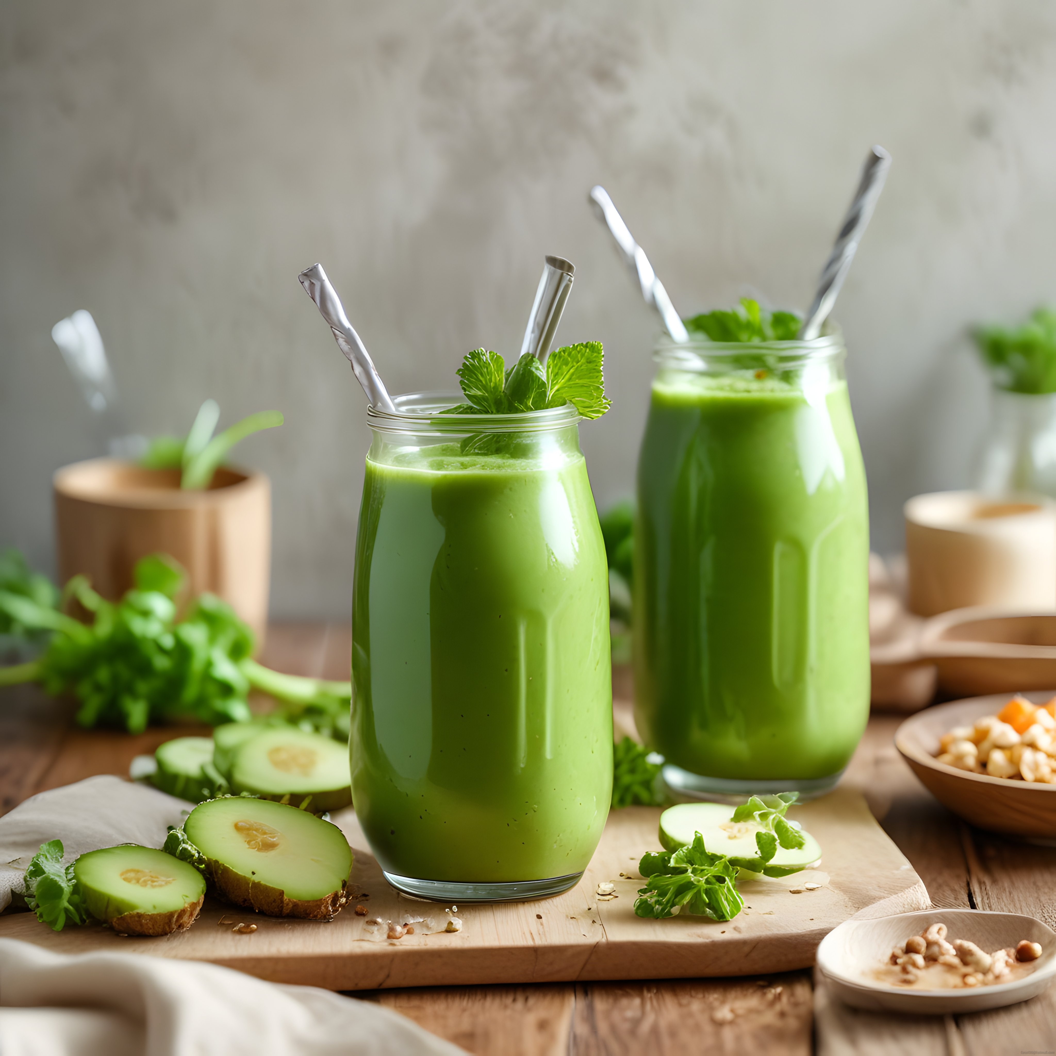Ev Yapımı Ferahlatıcı Yeşil Detoks Smoothie ve Taze Salatalık Dilimleri