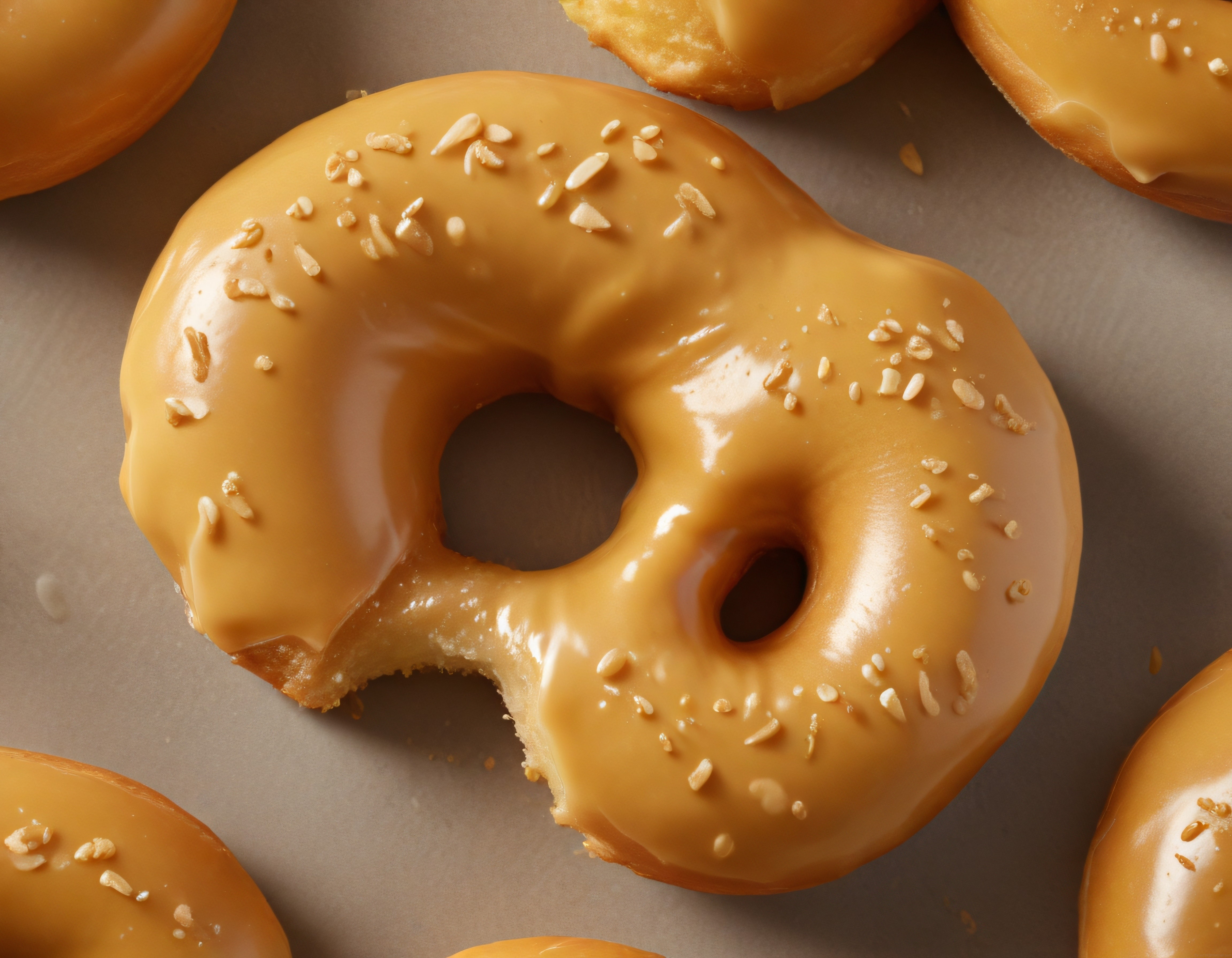 Ev Yapımı Fıstık Ezmeli Karamel Kaplı Isırık Alınmış Donut Görseli