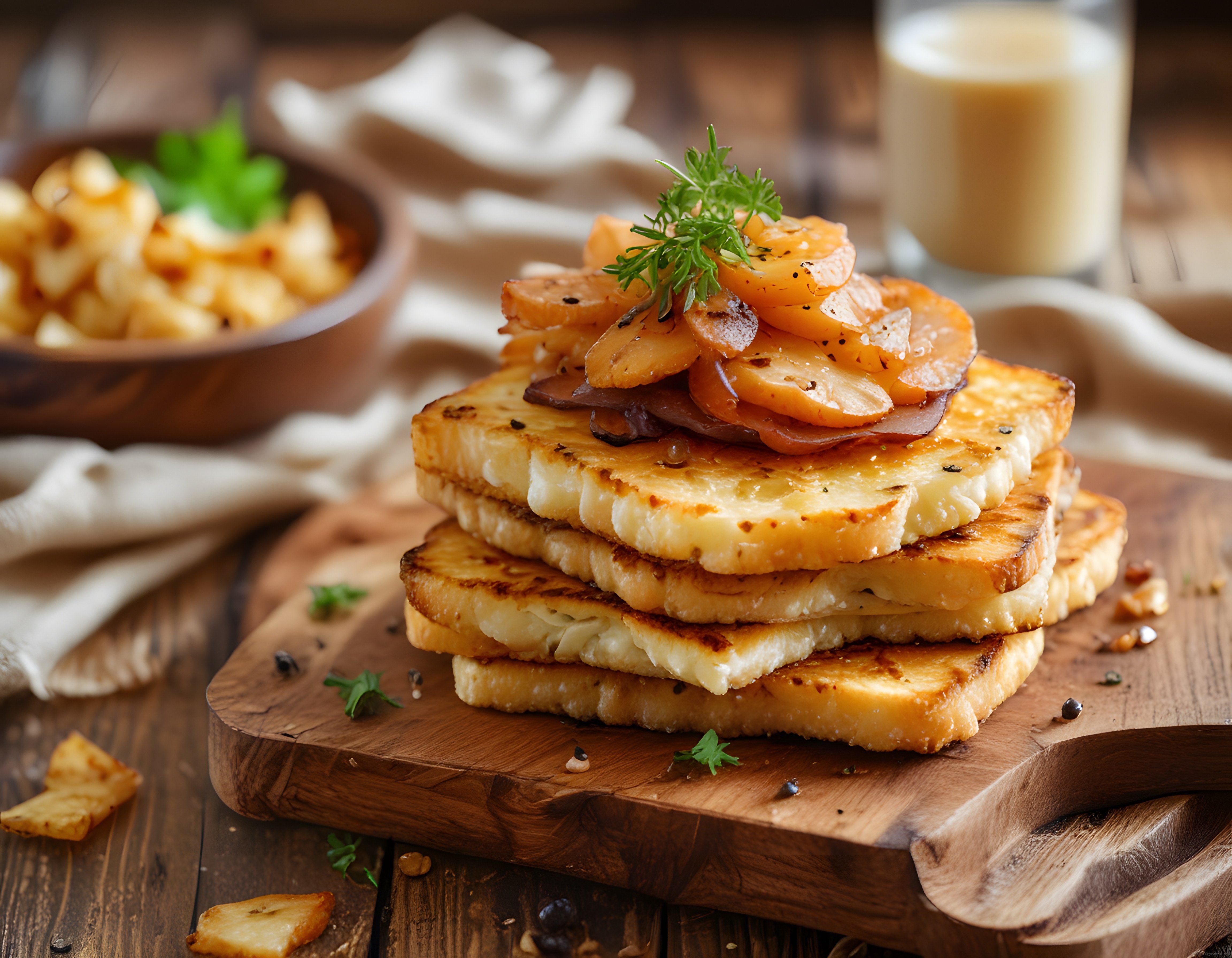 Ev Yapımı French Toast ve Karamelize Meyveli Rustik Kahvaltı Sunumu