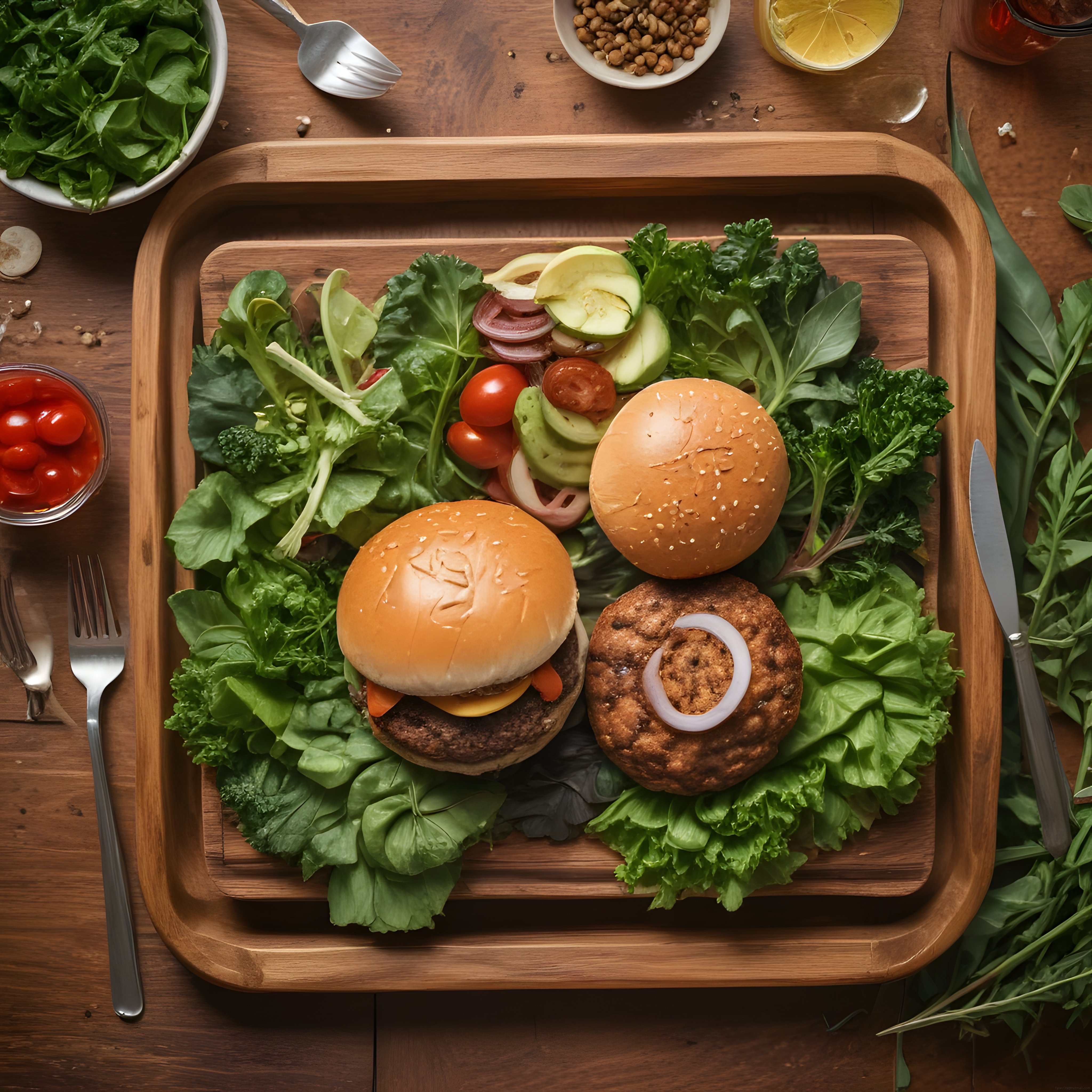 Ev Yapımı Gurme Hamburger ve Taze Yeşillikler Ahşap Tepsi Sunumu
