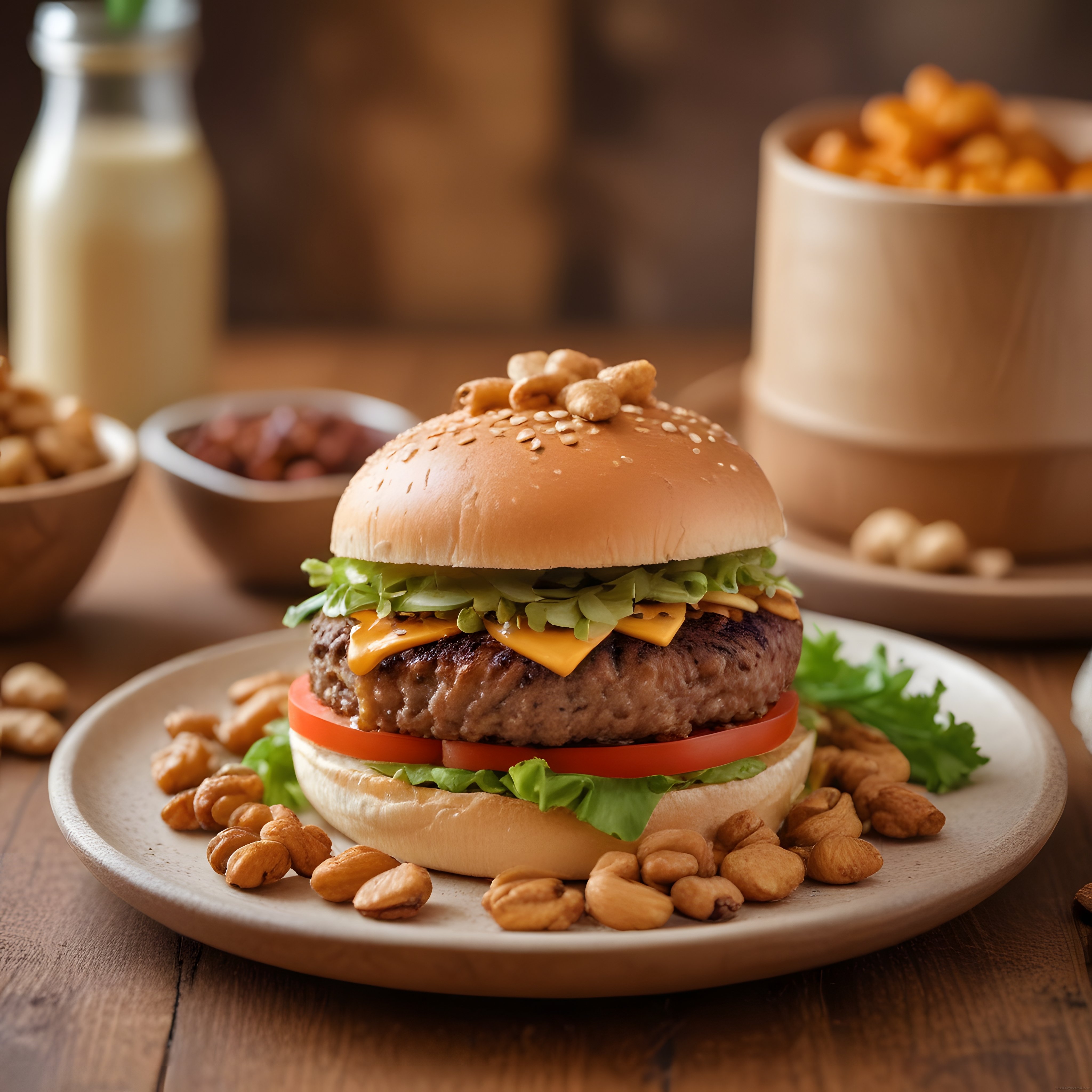 Ev Yapımı Hamburger: Cheddar Peynirli Izgara Köfte ve Kuruyemiş Sunumu