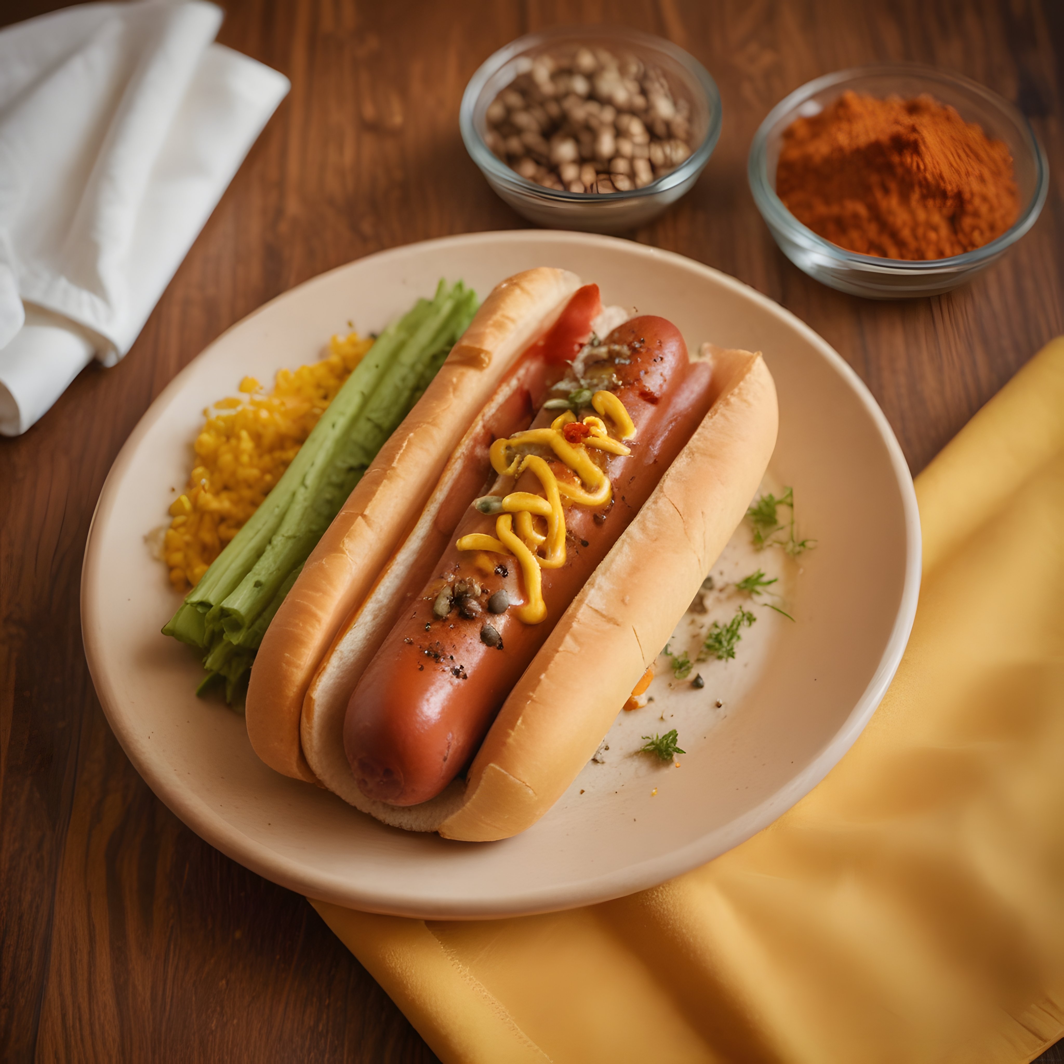 Ev Yapımı Hardallı Hot Dog: Ahşap Masada Sosisli Ekmek ve Baharatlar
