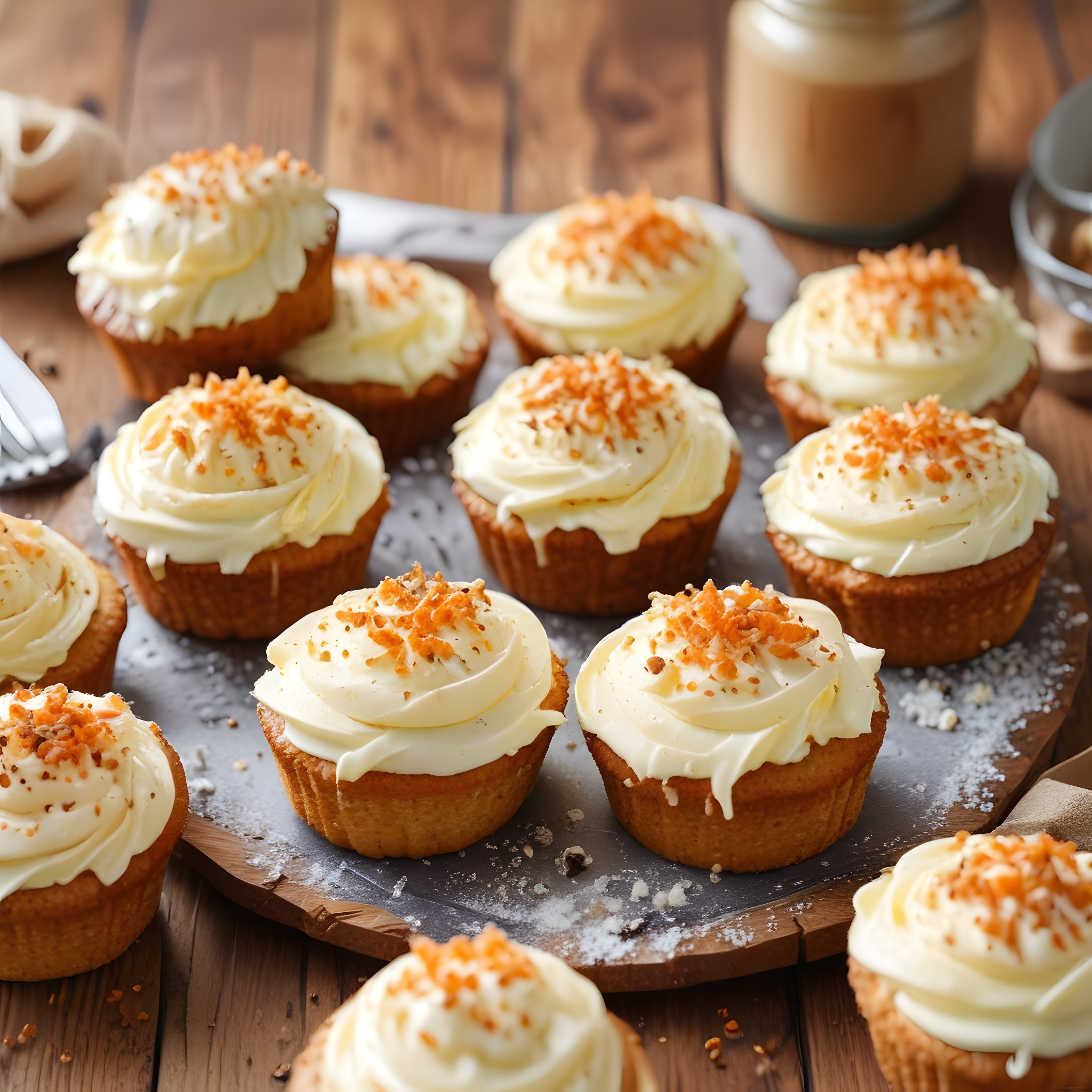 Ev yapımı havuçlu cupcake'ler kremalı süslemeyle ahşap sunumda servise hazır