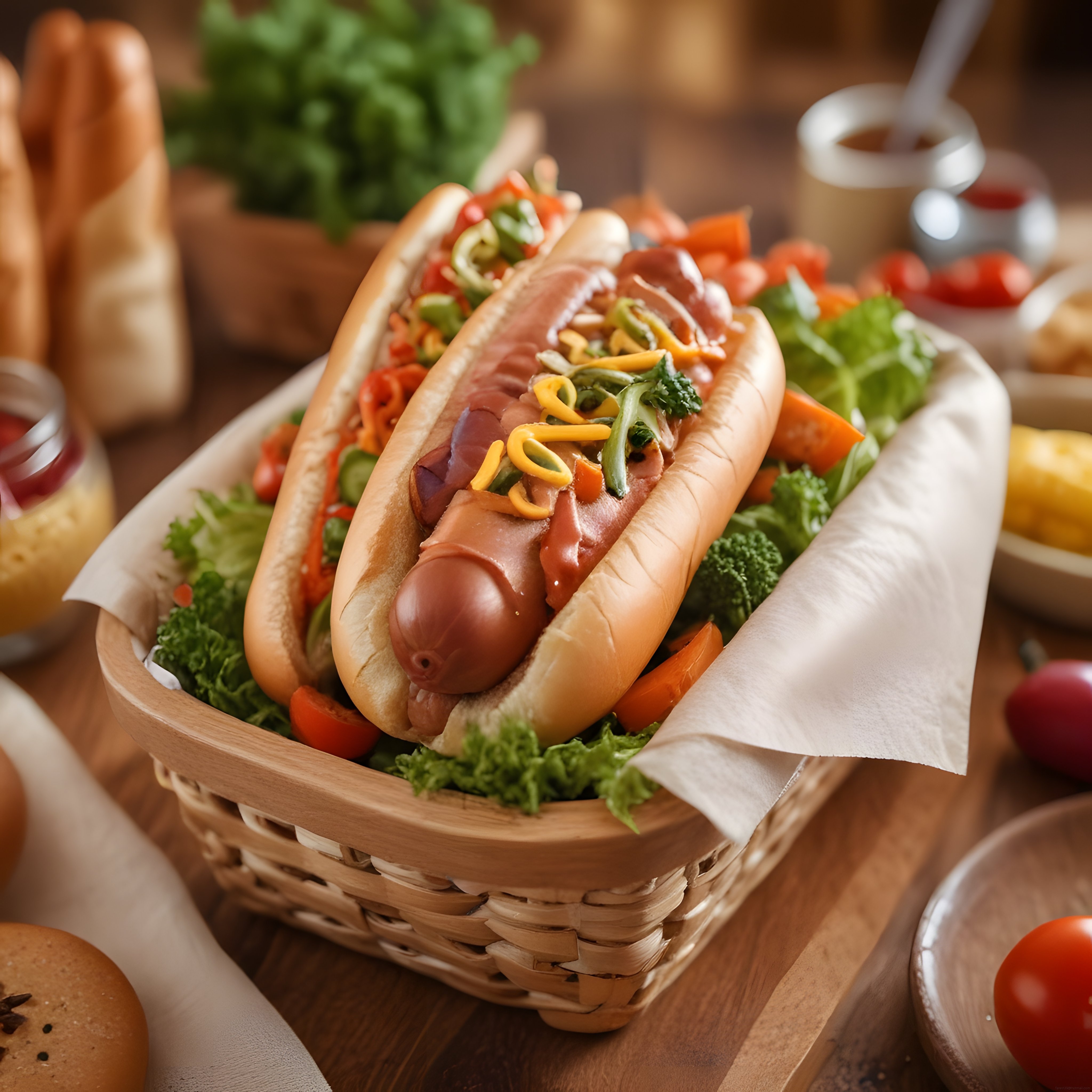 Ev Yapımı Hot Dog Sunumu: Sosisli Sandviç, Taze Sebzeler ve Özel Soslar