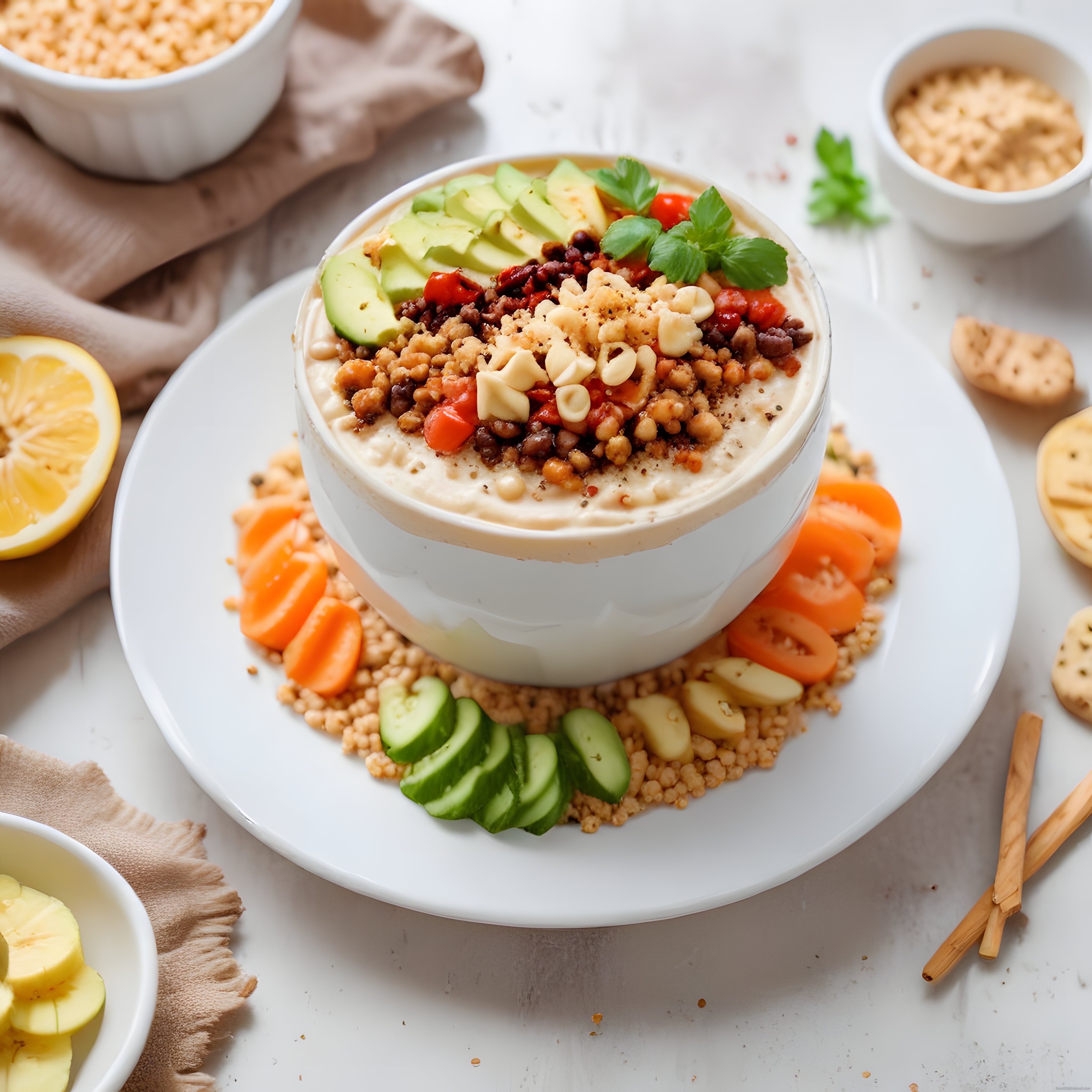Ev yapımı humus kasesi: taze sebzeler, kuruyemişler ve baharatlarla sağlıklı brunch sunumu