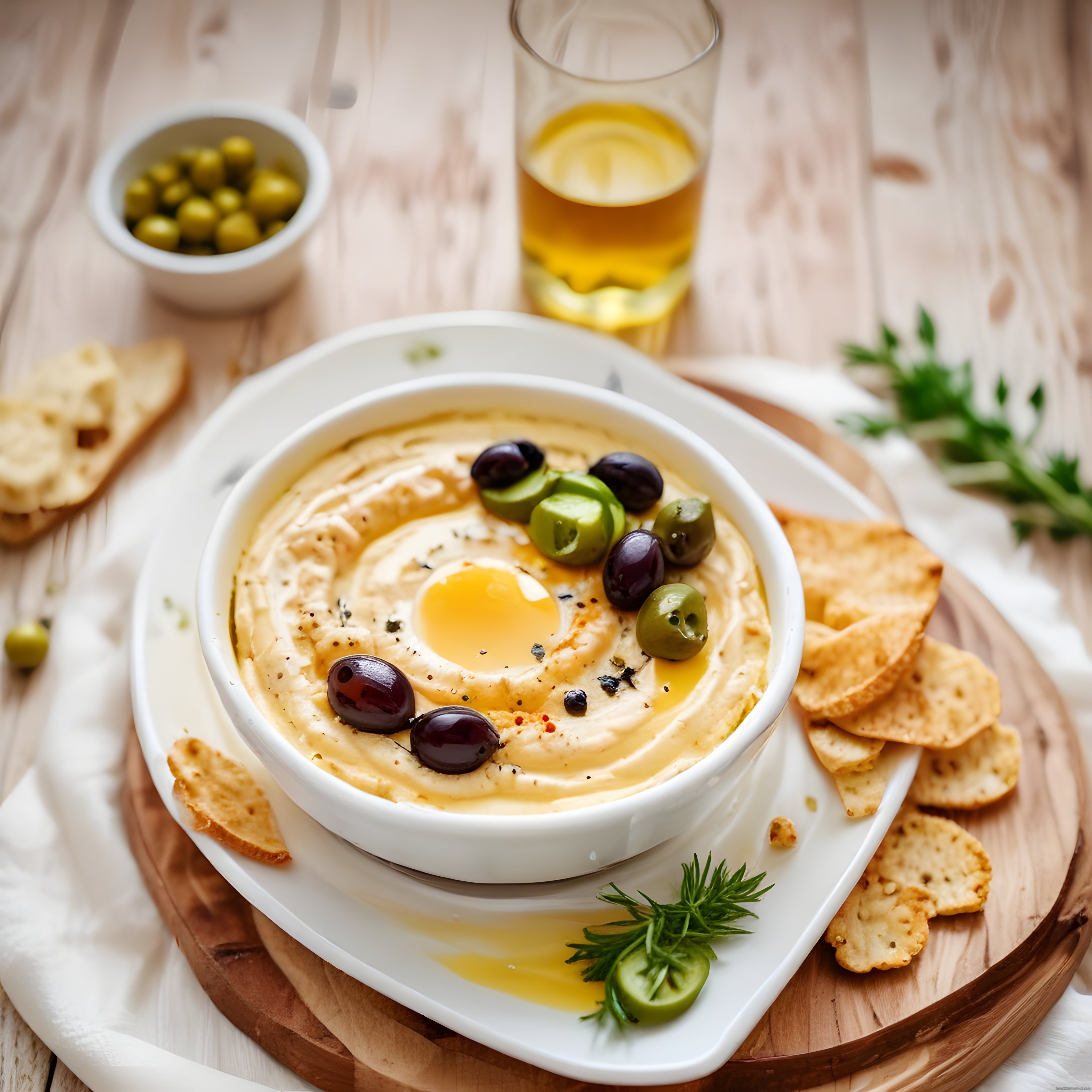 Ev Yapımı Humus Kasesi: Zeytin ve Taze Zeytinyağı ile Servis