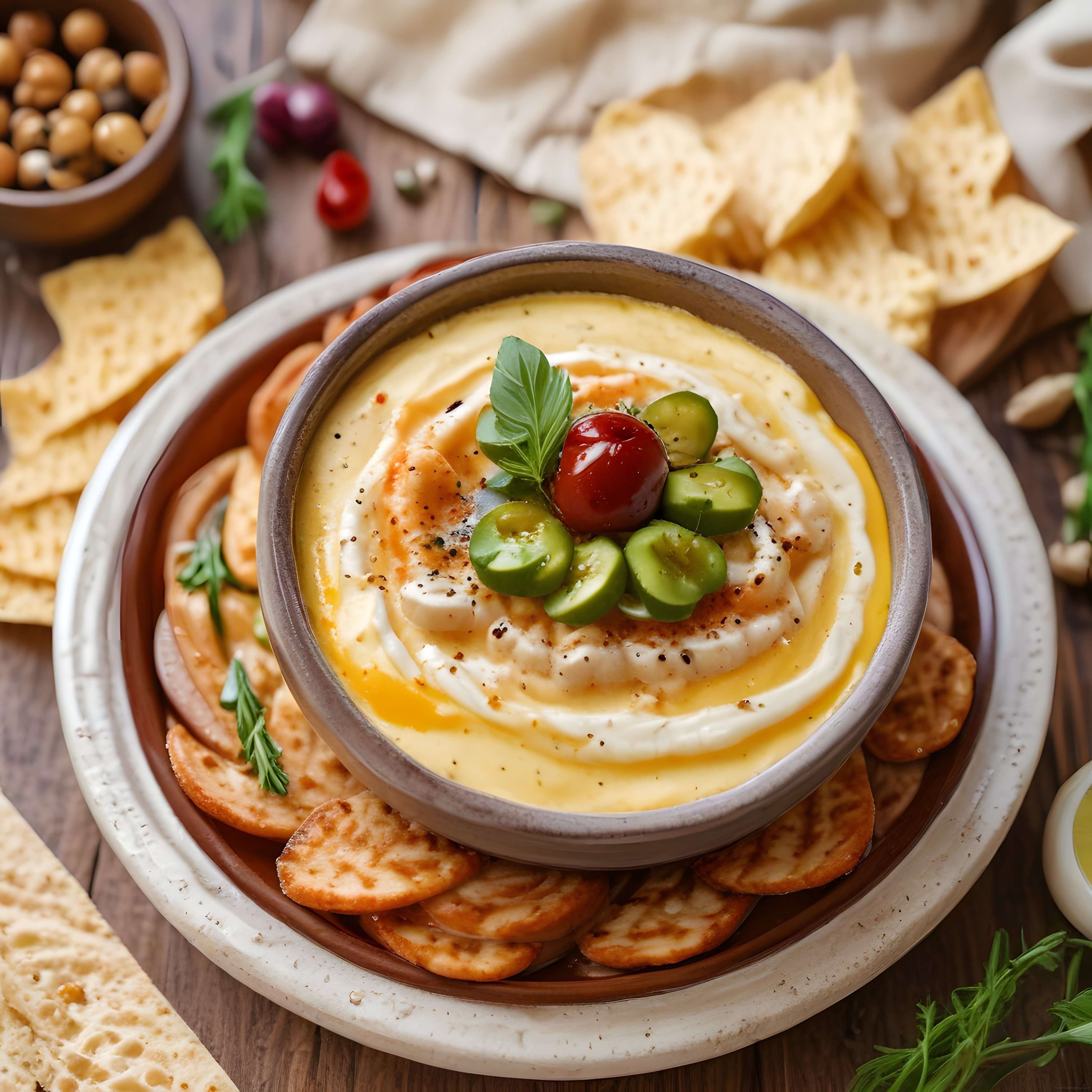 Ev Yapımı Humus Mezesi: Tahin Soslu Nohut Ezmesi ve Lavaş Cips ile Sunum