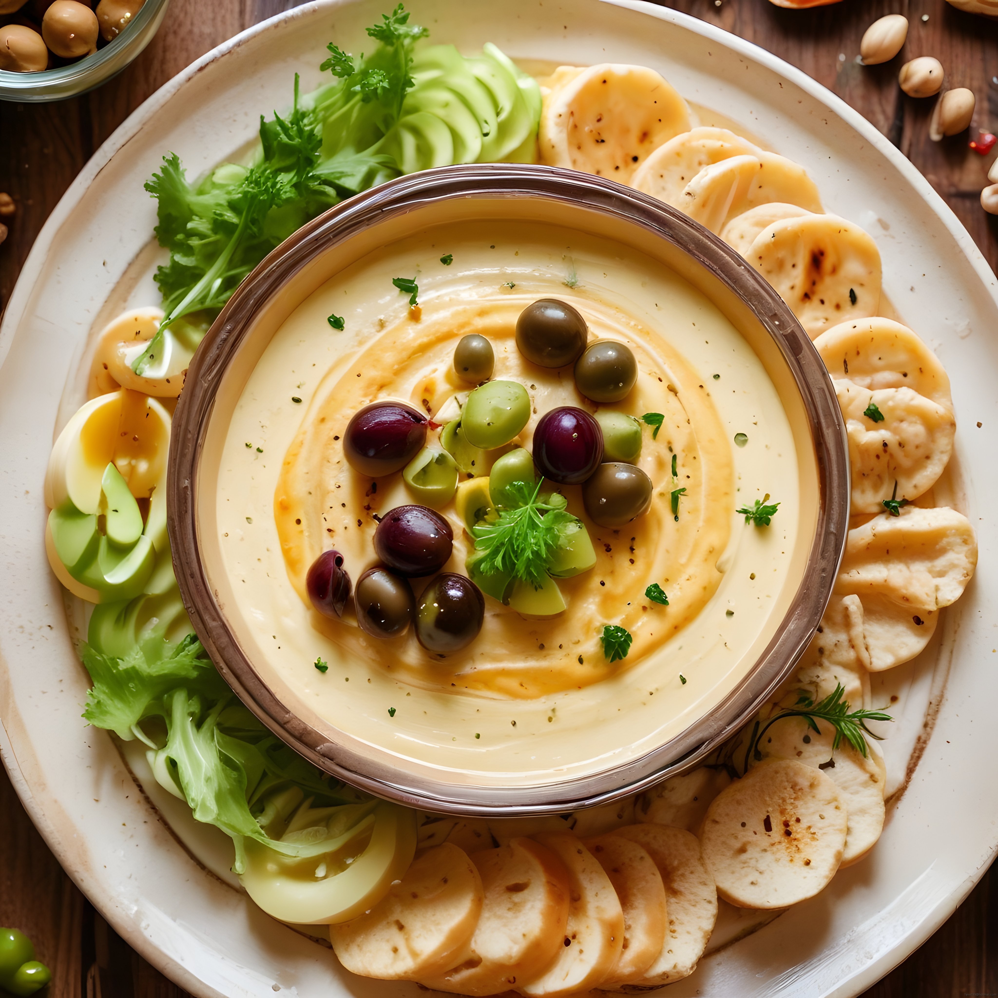 Ev Yapımı Humus Mezesi: Zeytin, Taze Yeşillik ve Gevrek Ekmeklerle Şık Sunum