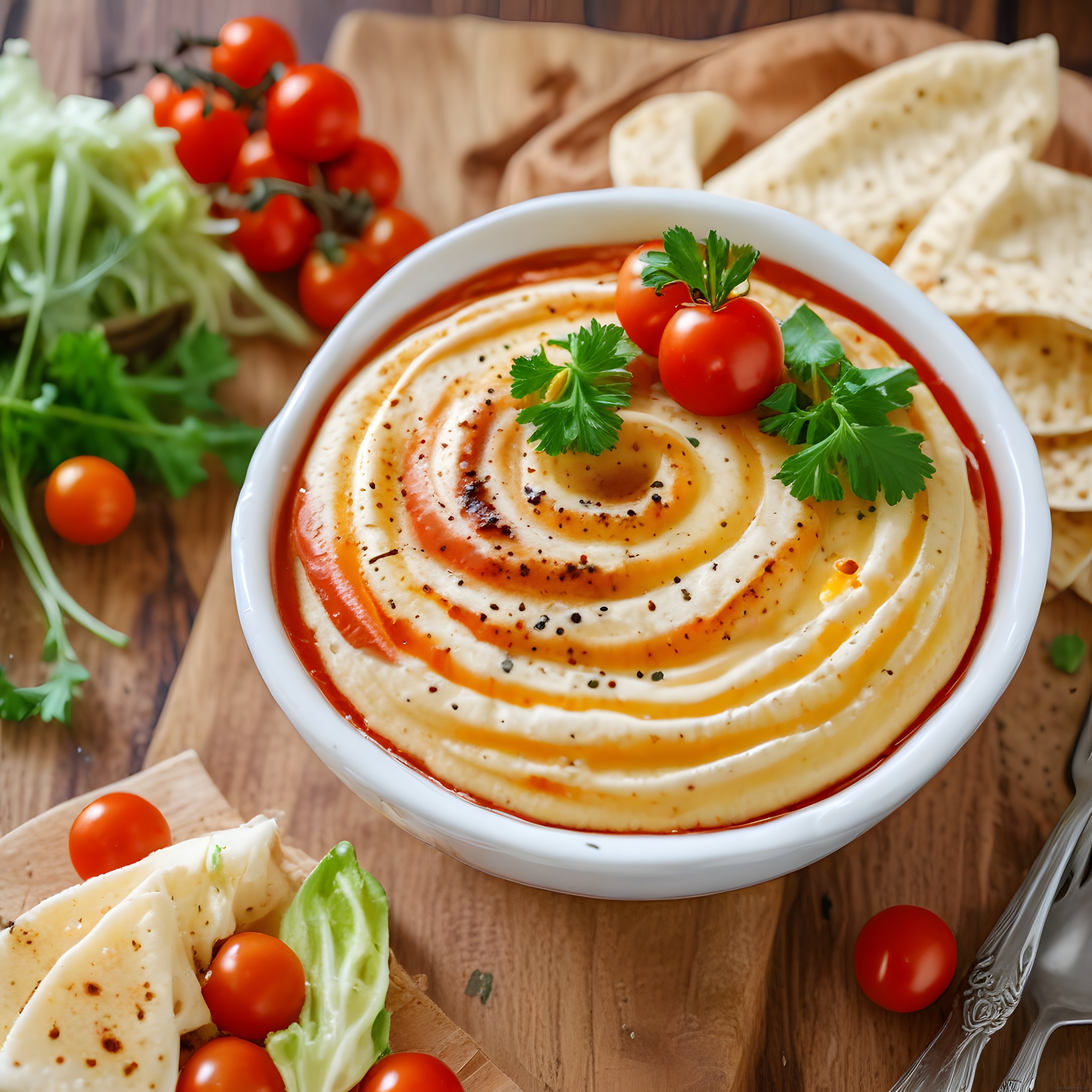 Ev Yapımı Humus Sunumu: Maydanoz ve Domates Süslemeli Nohut Ezmesi