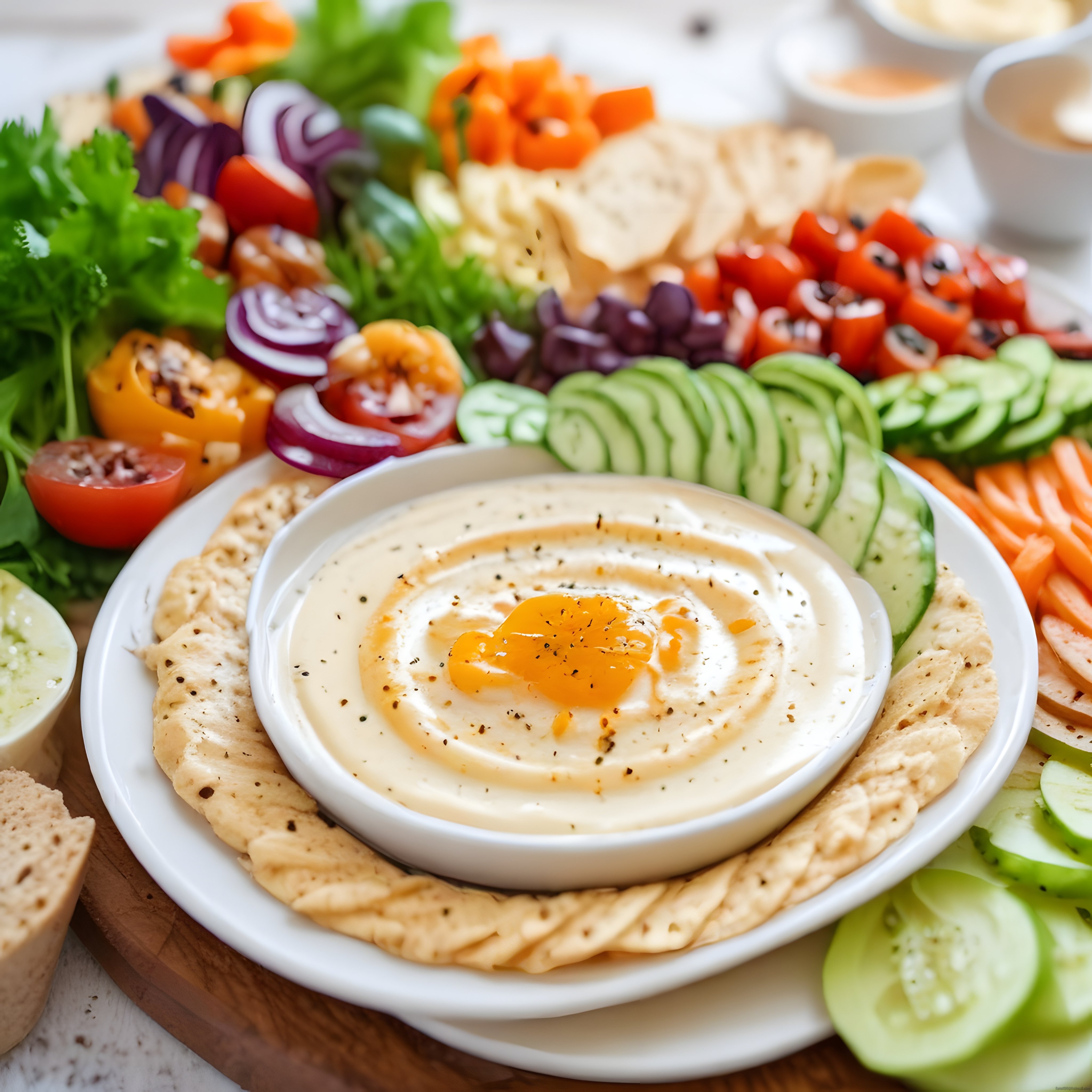 Ev Yapımı Humus Tabağı: Kıtır Ekmek ve Taze Sebzelerle Sağlıklı Meze Sunumu