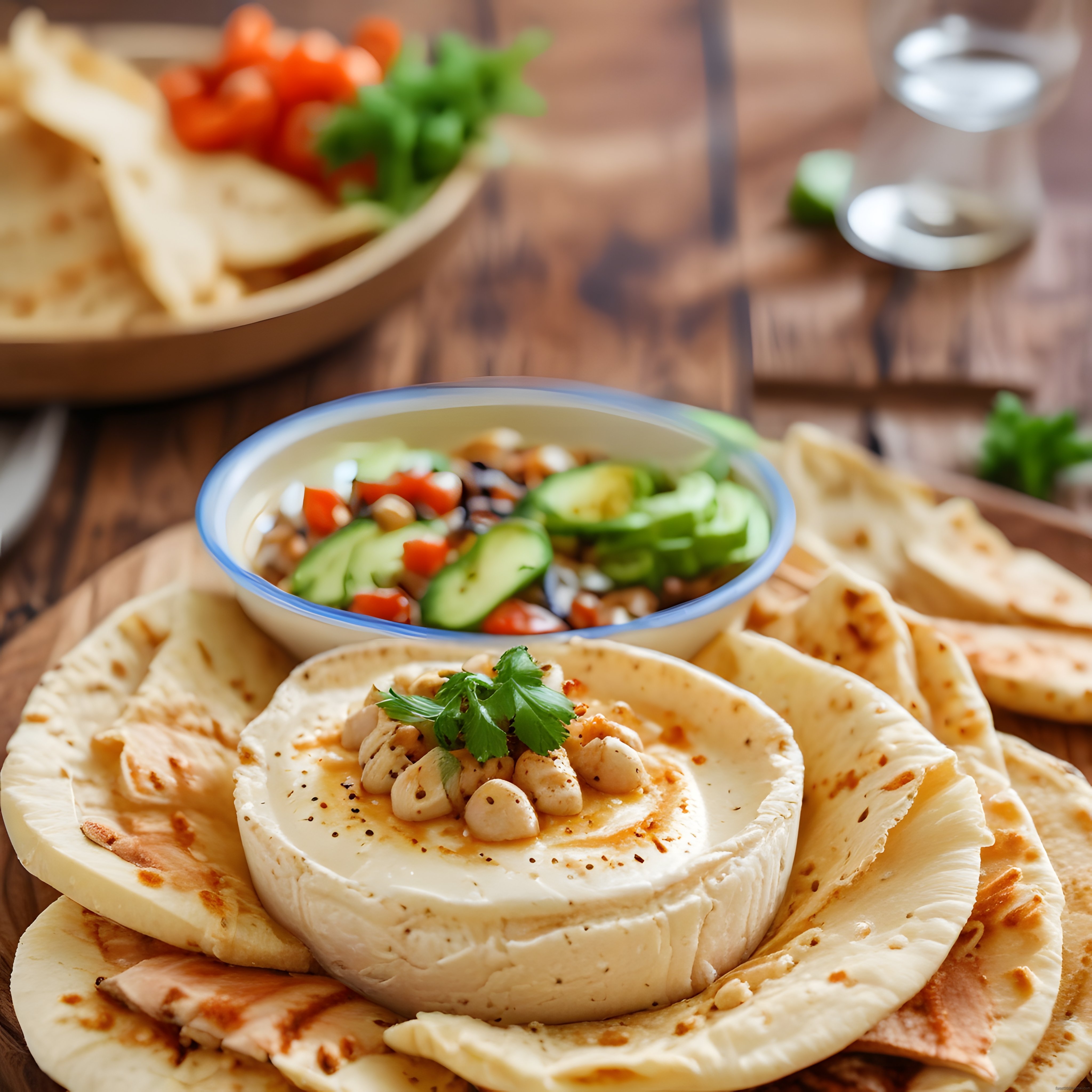 Ev yapımı humus tabağı, taze lavaş ve acılı ezme ile rustik sunum