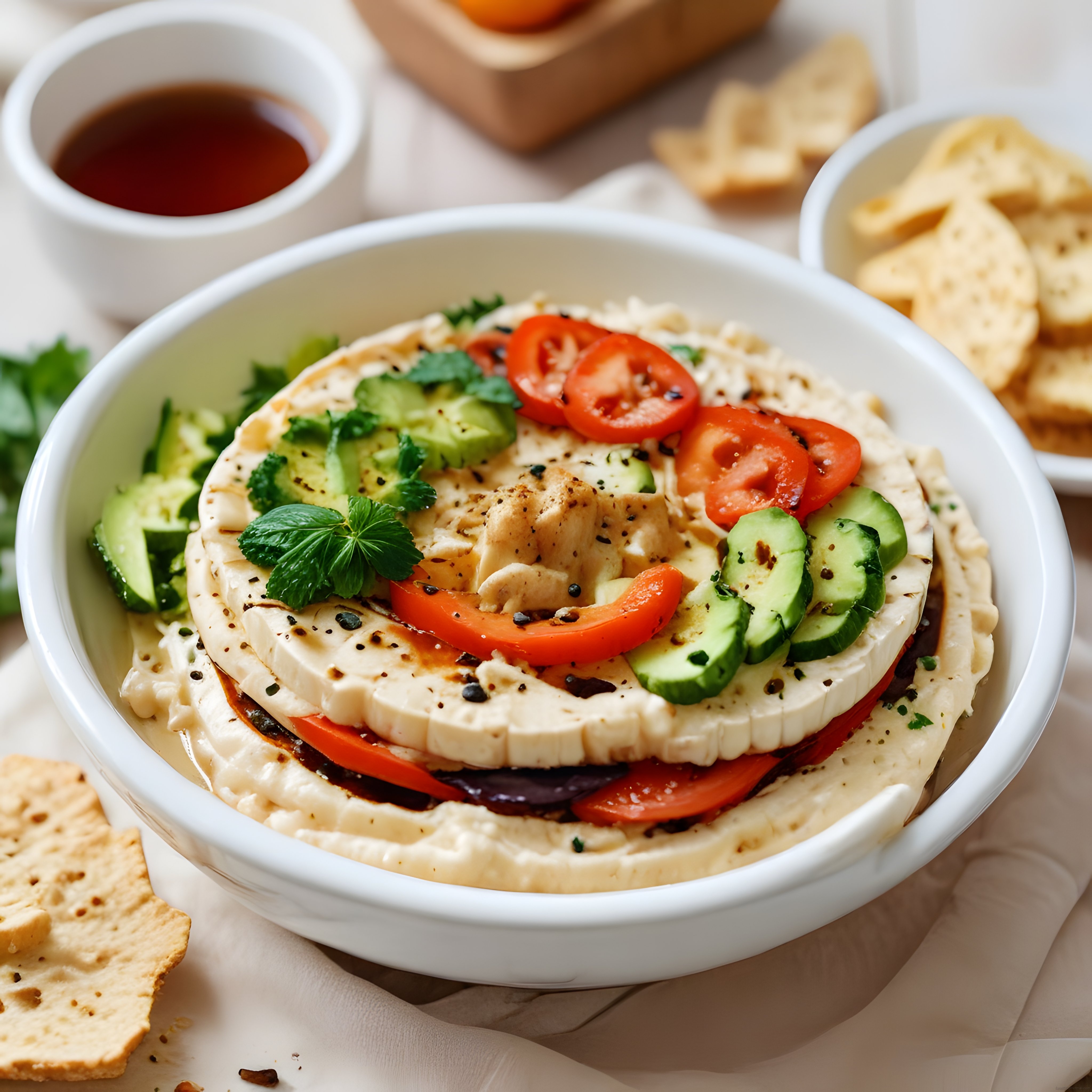 Ev Yapımı Humus Tabağı: Taze Sebzeler, Zeytinyağı ve Kraker Eşliğinde