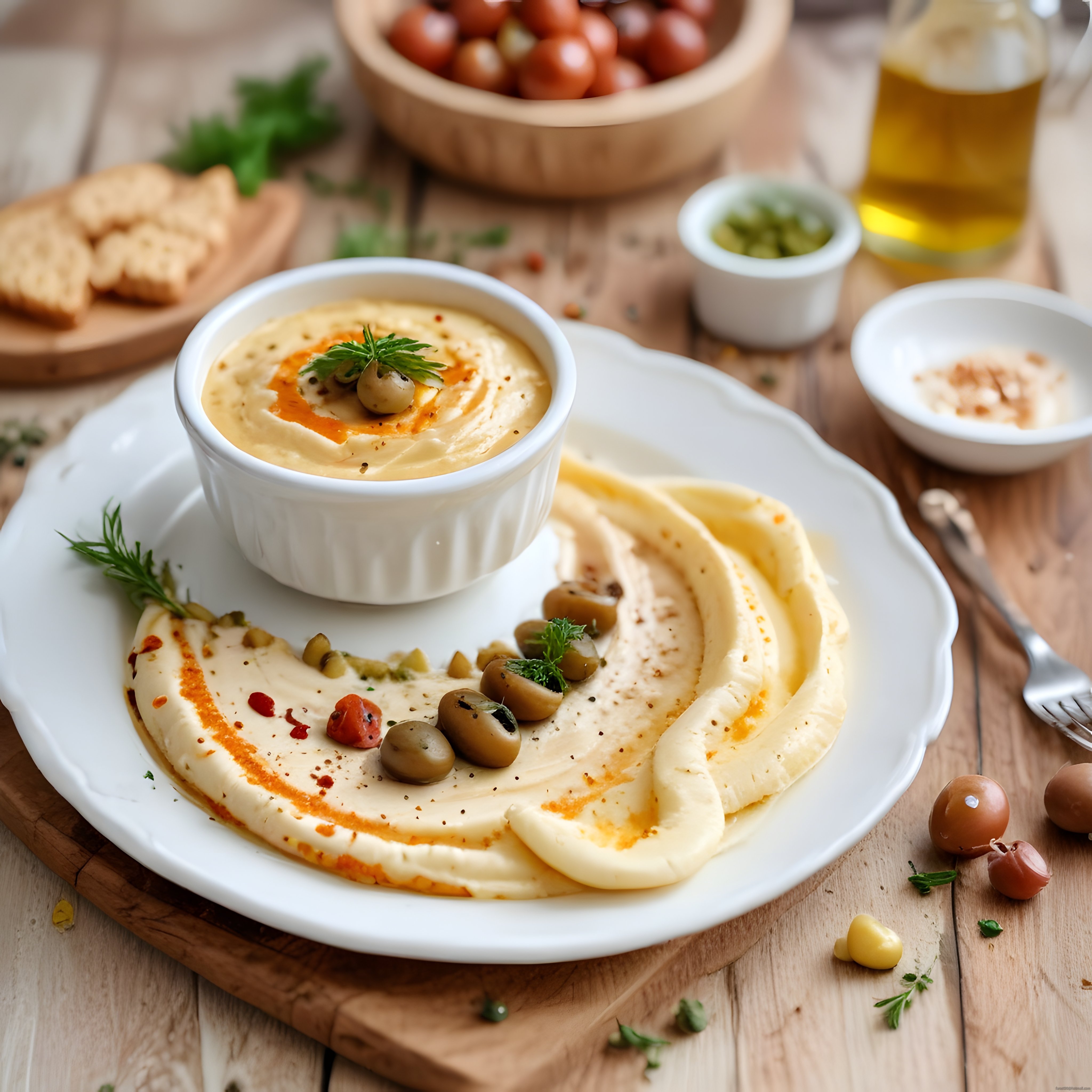 Ev Yapımı Humus Tarifi: Zeytin ve Pul Biber Süslemeli Meze Kasesi