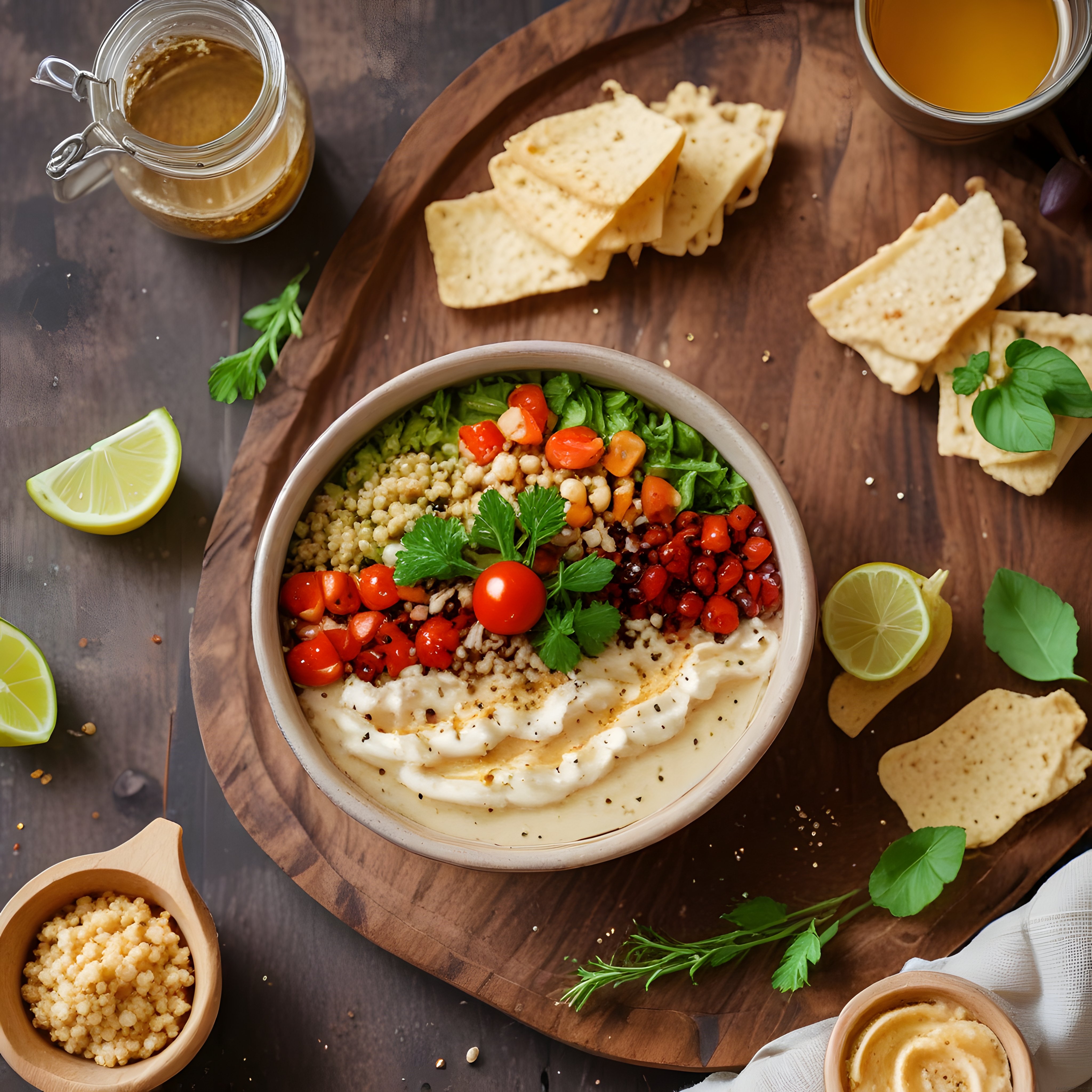 Ev Yapımı Humus ve Nar Taneleriyle Zenginleştirilmiş Meze Sunumu