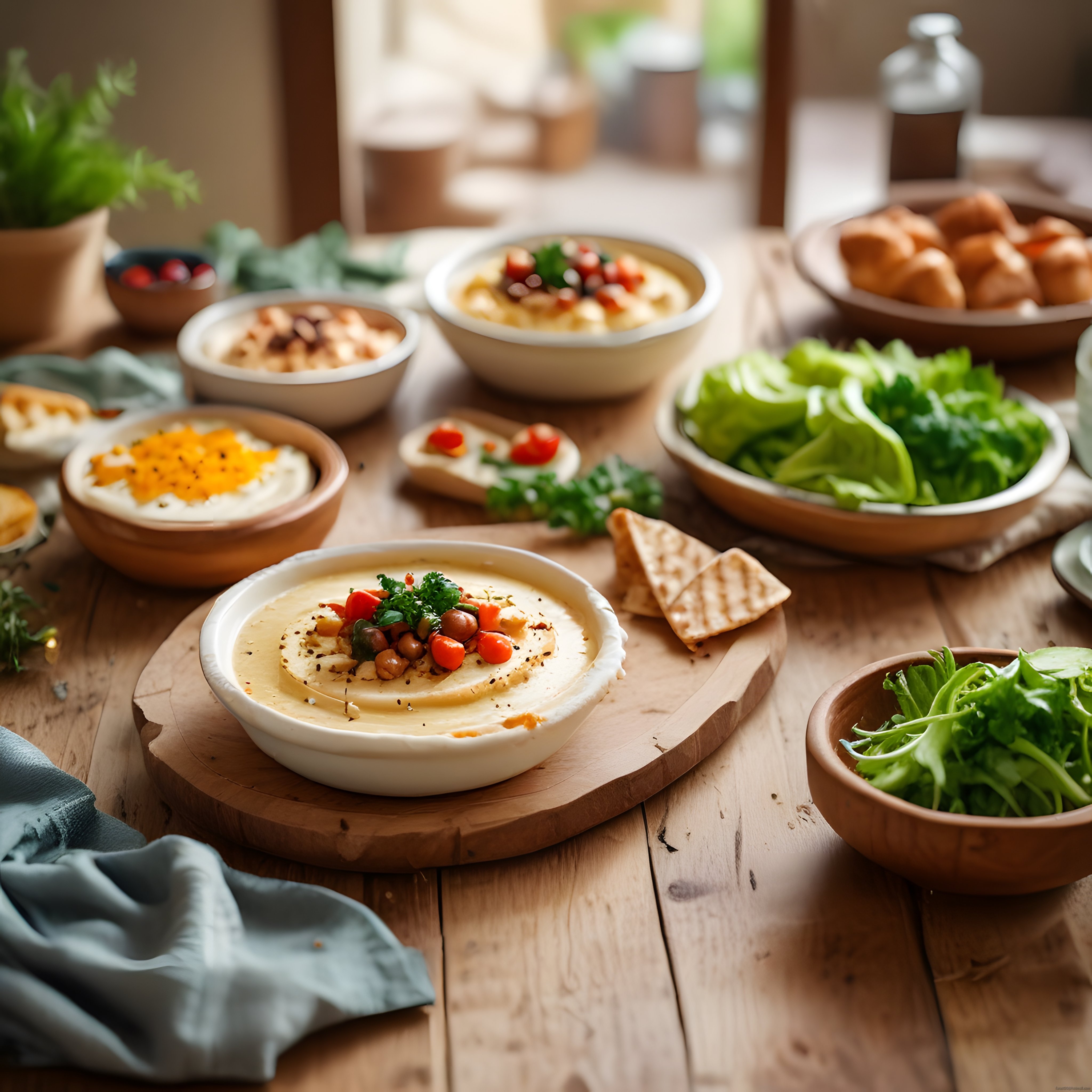 Ev Yapımı Humus ve Taze Salatalarla Dolu Rustik Kahvaltı Masası