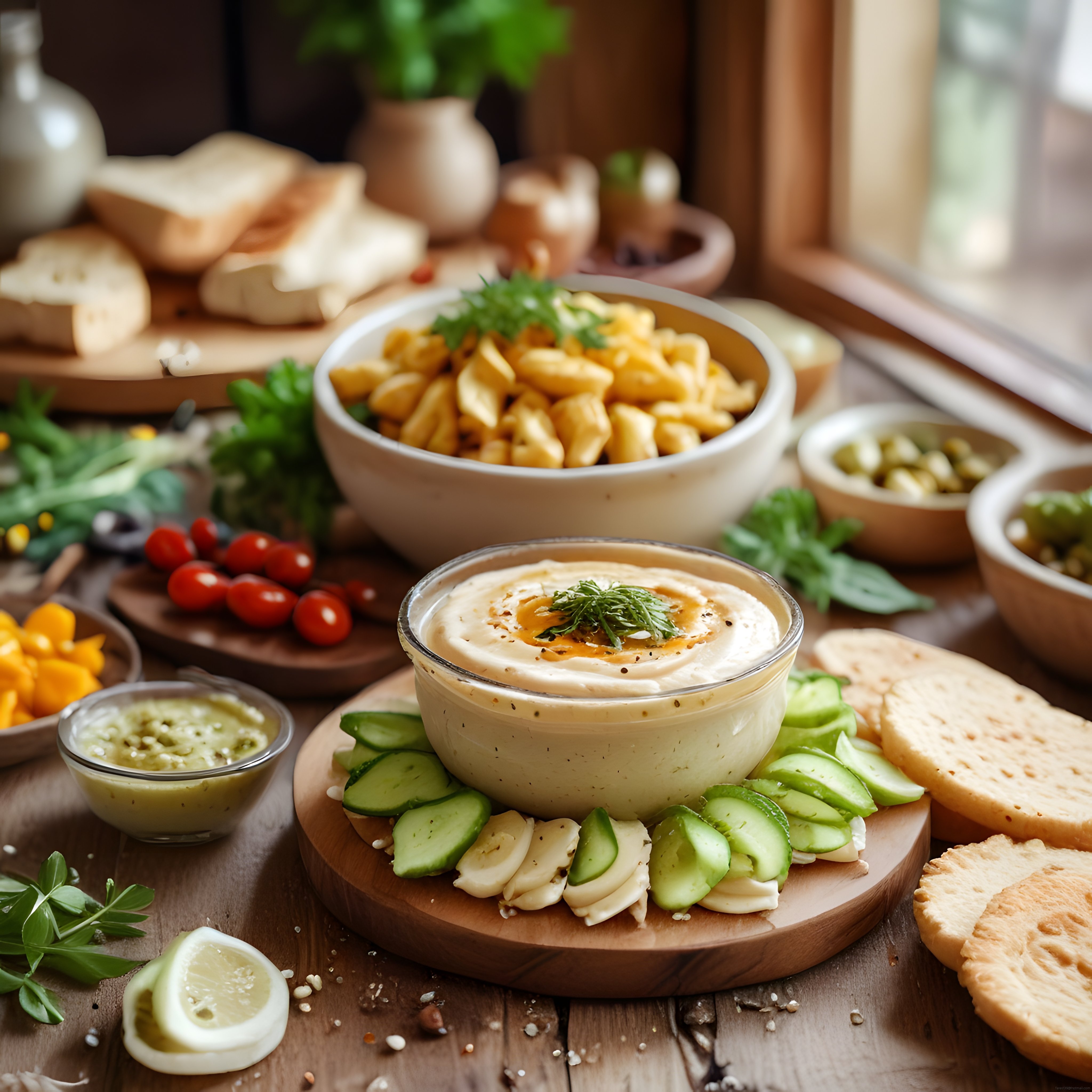 Ev Yapımı Humus ve Taze Sebzelerle Dolu Sağlıklı Kahvaltı Masası