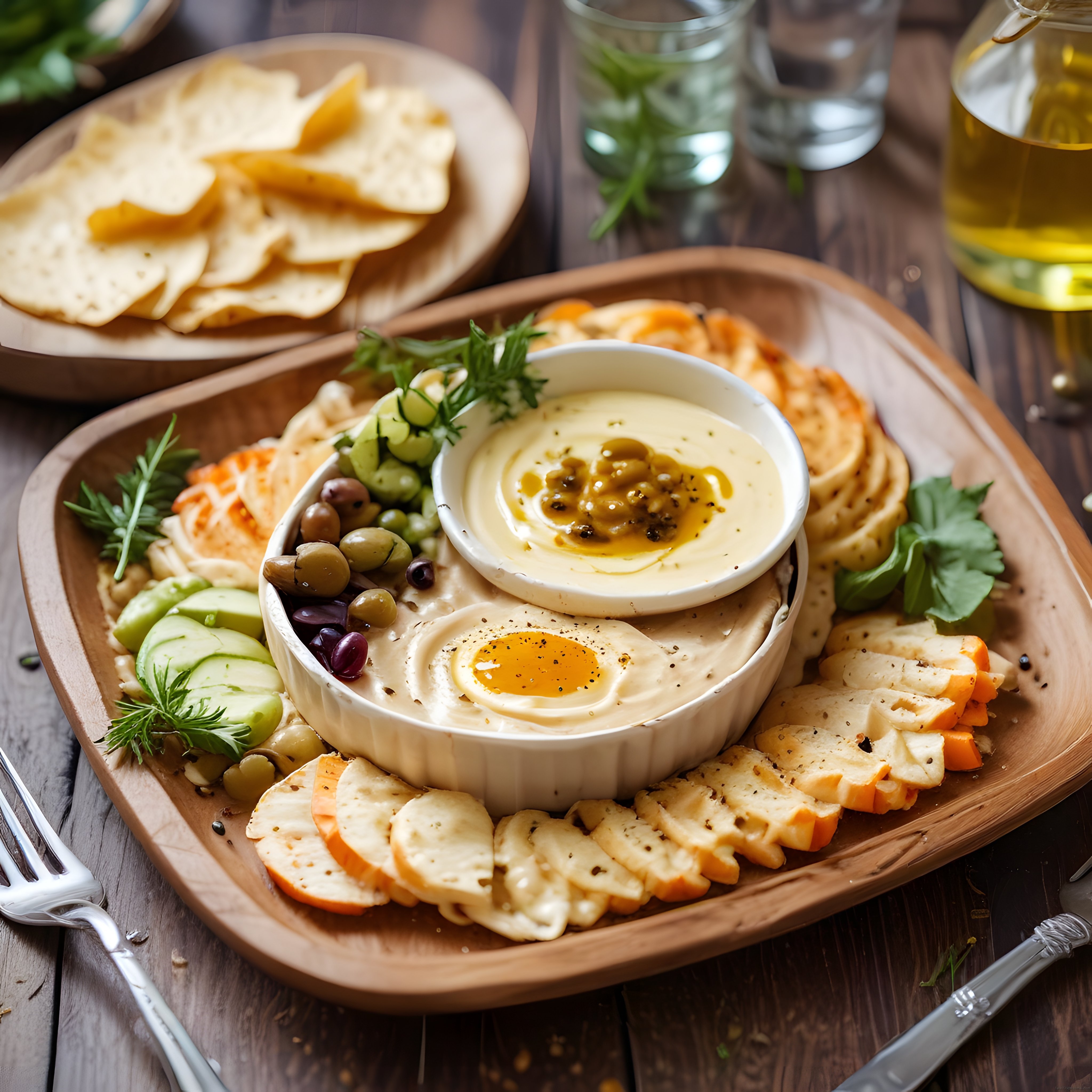 Ev yapımı humus ve taze sebzelerle hazırlanmış şık bir kahvaltı sunum tahtası