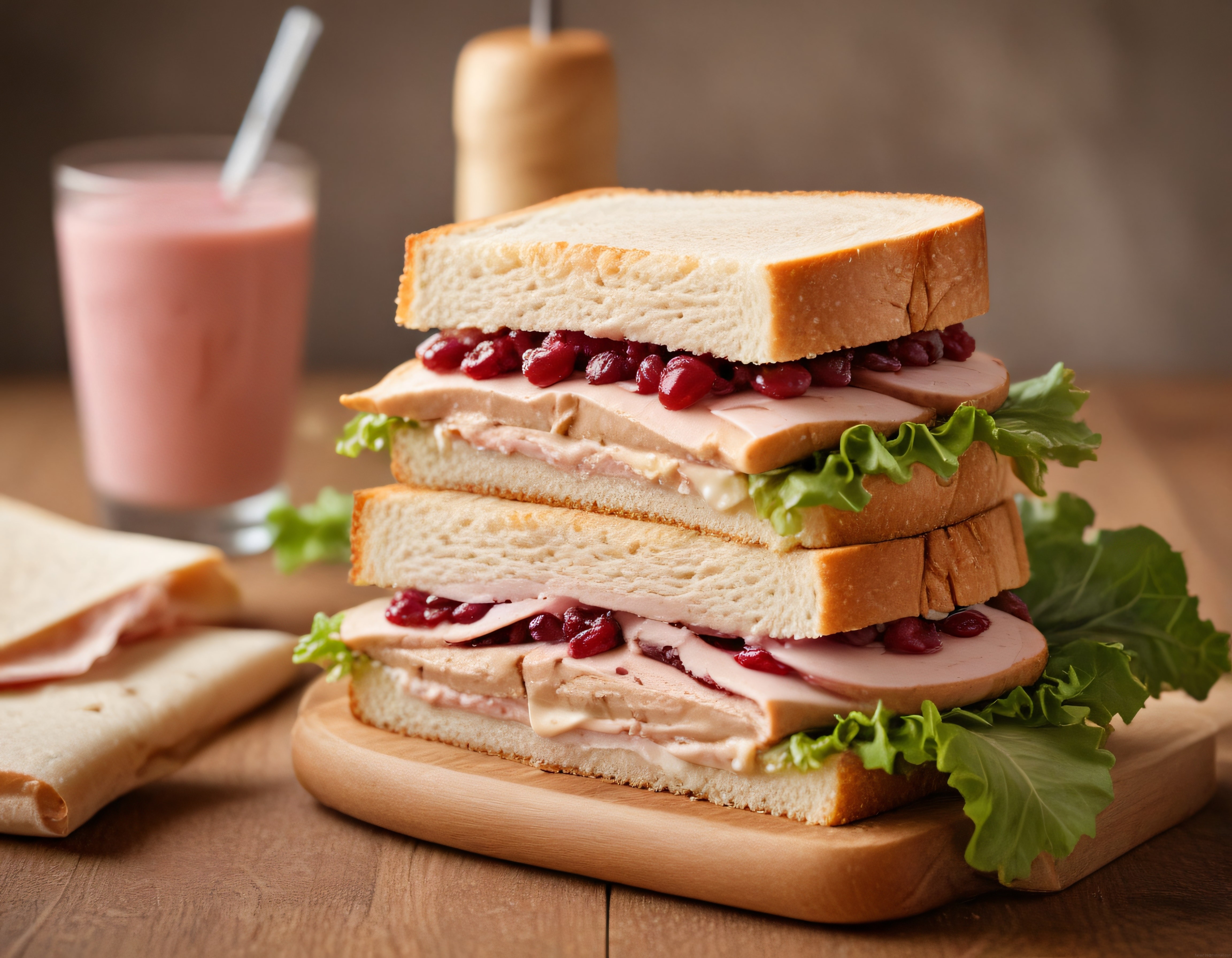 Ev Yapımı İki Katlı Hindi Sandviç ve Nar ile Pembe Smoothie Sunumu
