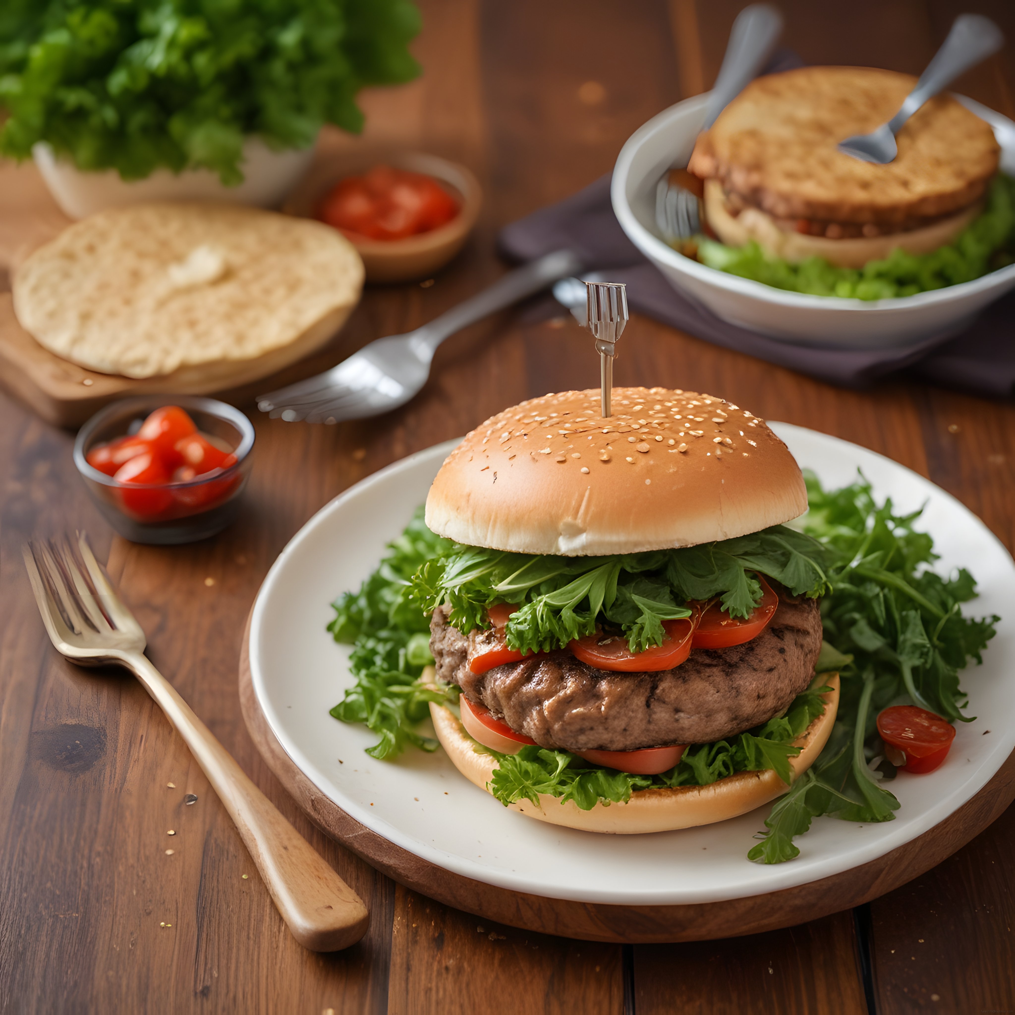 Ev Yapımı Izgara Burger ve Taze Yeşilliklerle Hazırlanmış Gourmet Tabak Sunumu