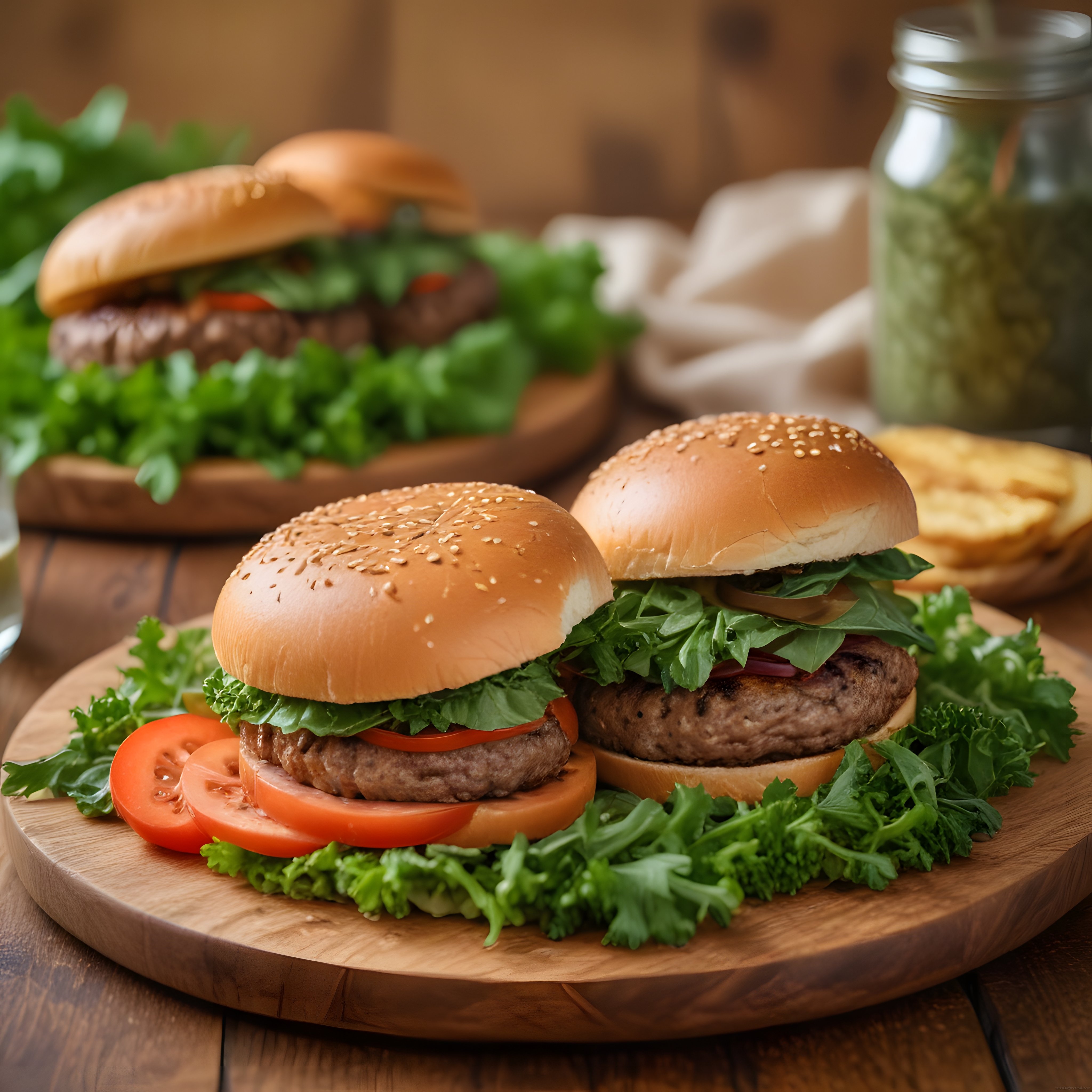Ev Yapımı Izgara Köfteli Hamburgerler ve Taze Yeşilliklerle Sıcak Rustik Sunum