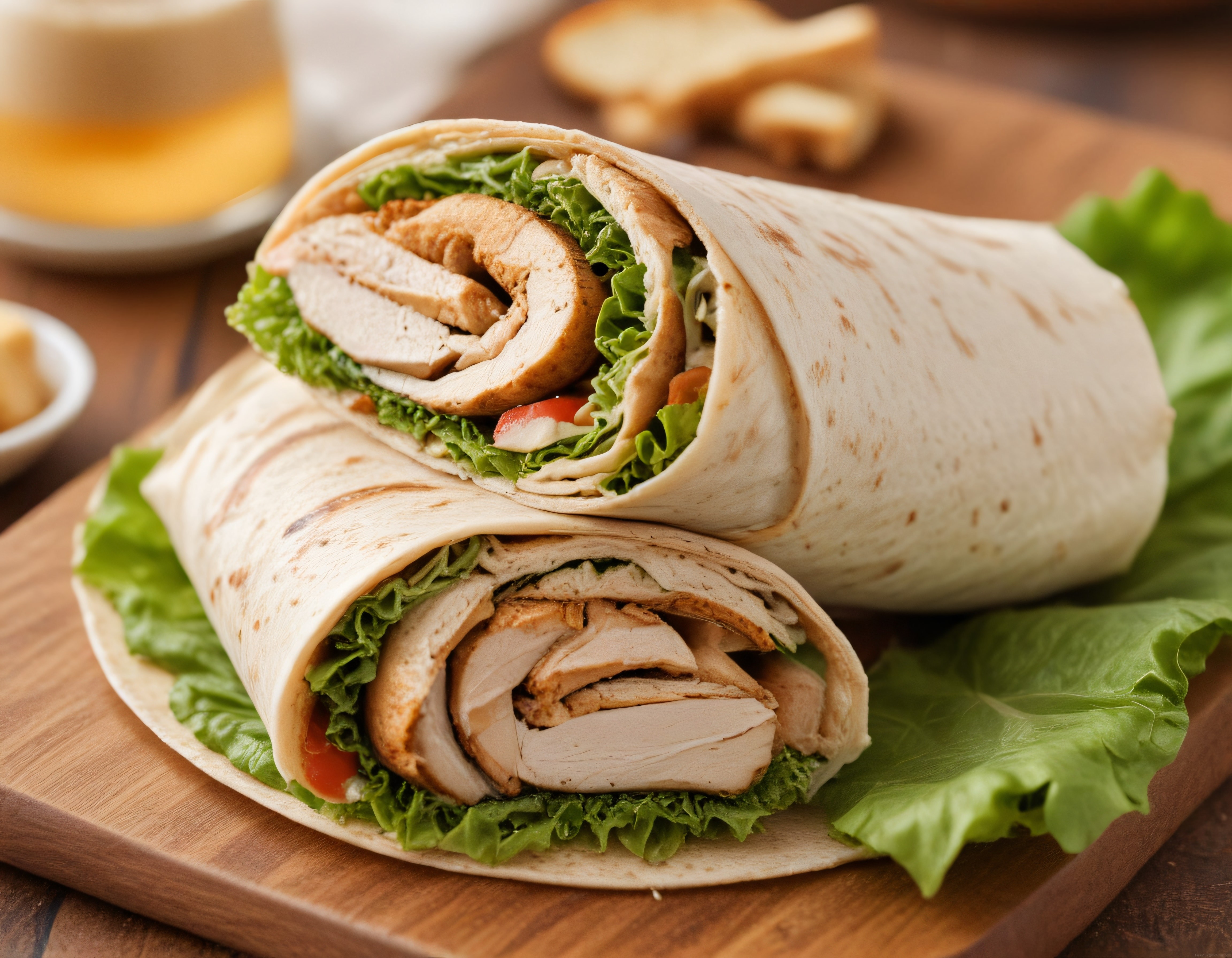 Ev yapımı ızgara tavuklu taze sebzeli sağlıklı wrap dürüm sunumu
