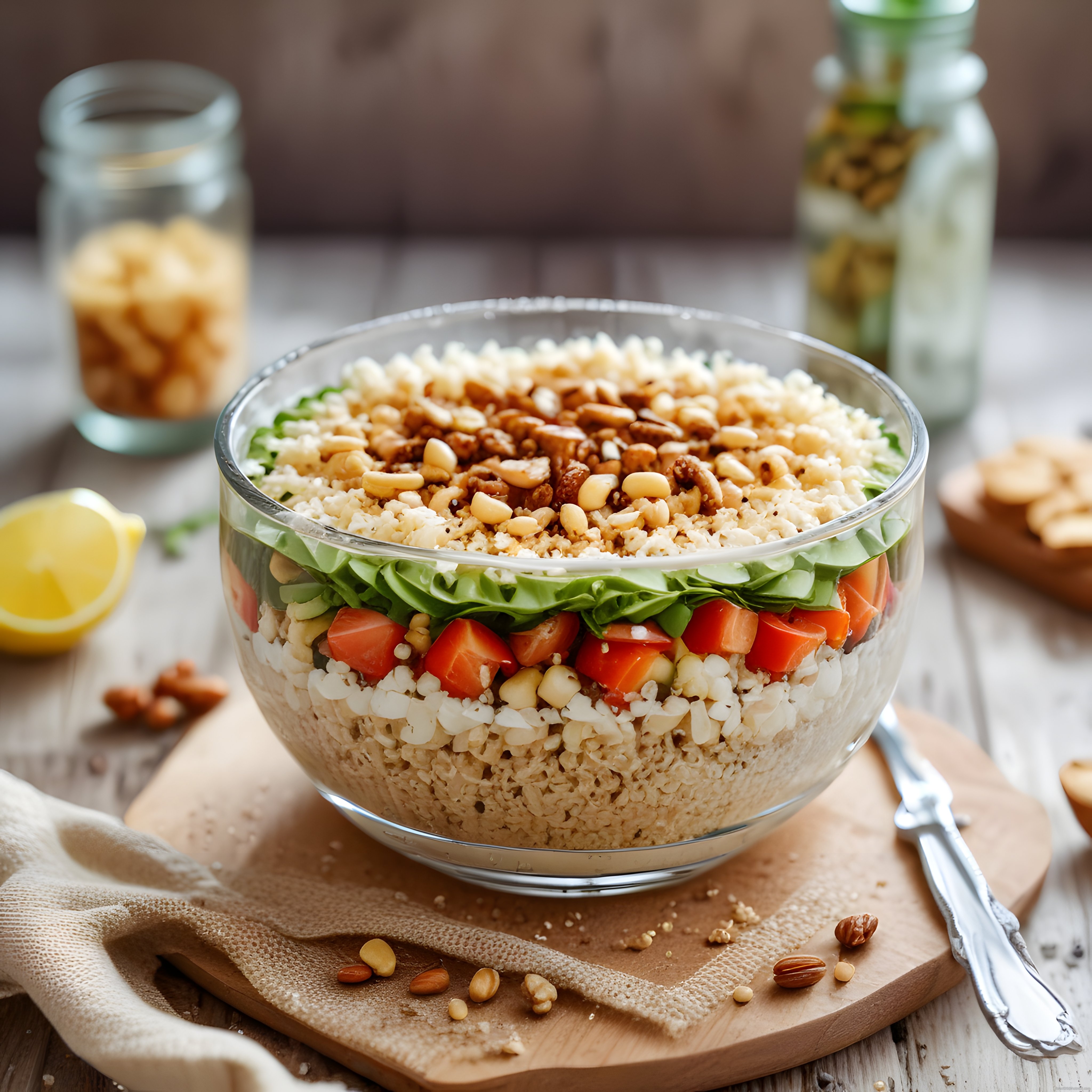 Ev Yapımı Katmanlı Salata Kasesi: Taze Sebzeler, Pirinç ve Kuruyemiş