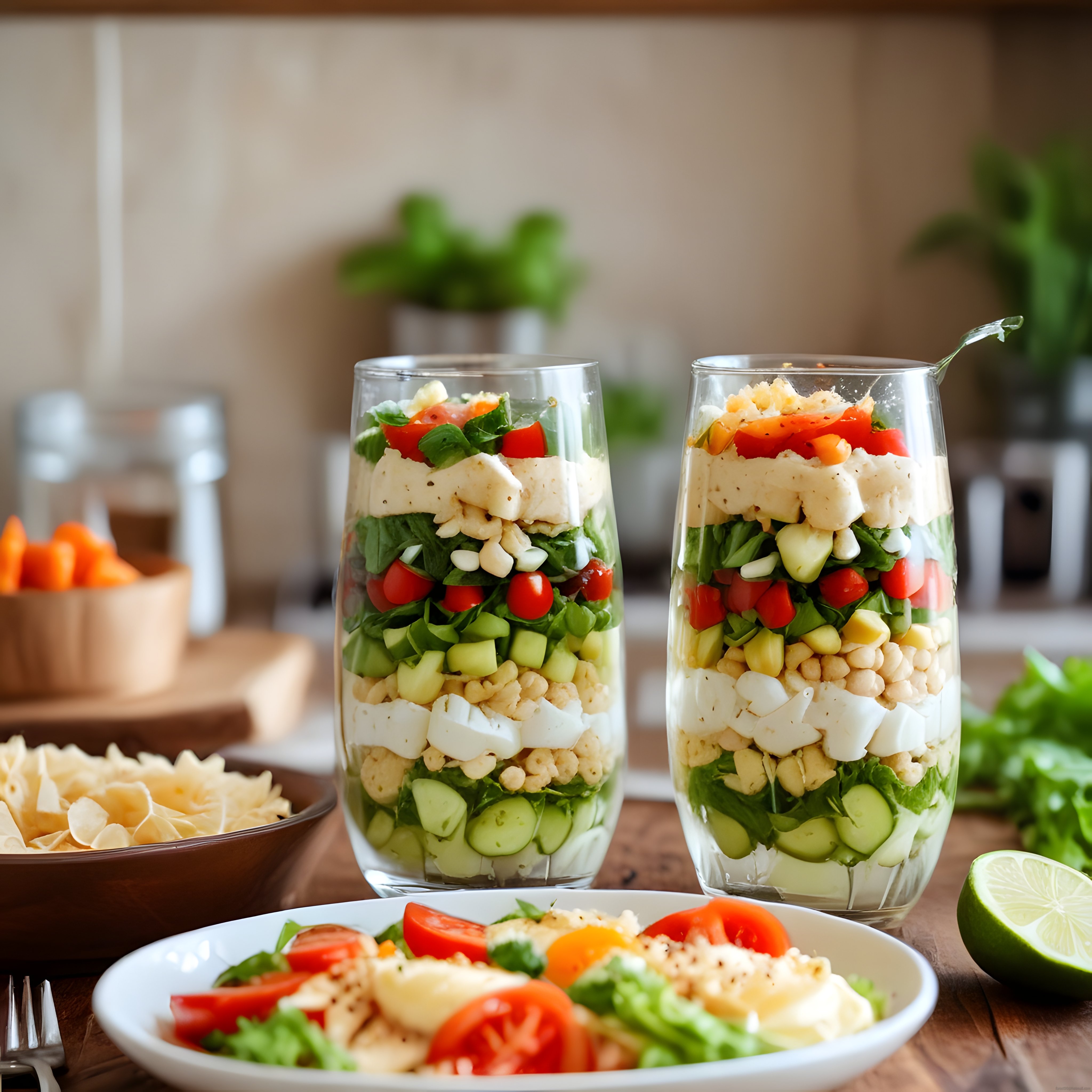 ev yapımı katmanlı salata taze sebzeler ve ızgara tavuk ile sağlıklı öğün