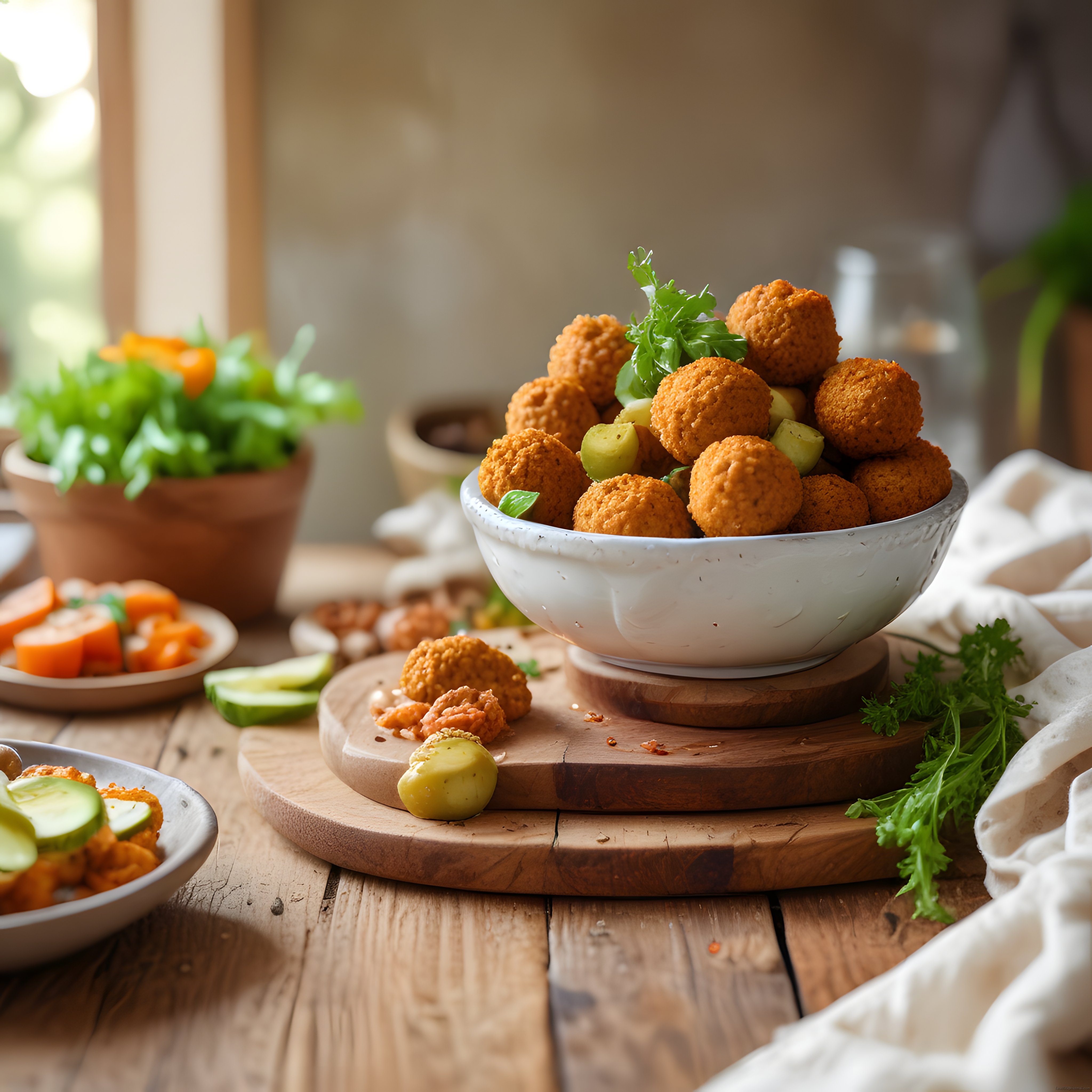 Ev Yapımı Kızarmış Falafel Topları ve Taze Yeşilliklerle Rustik Sunum