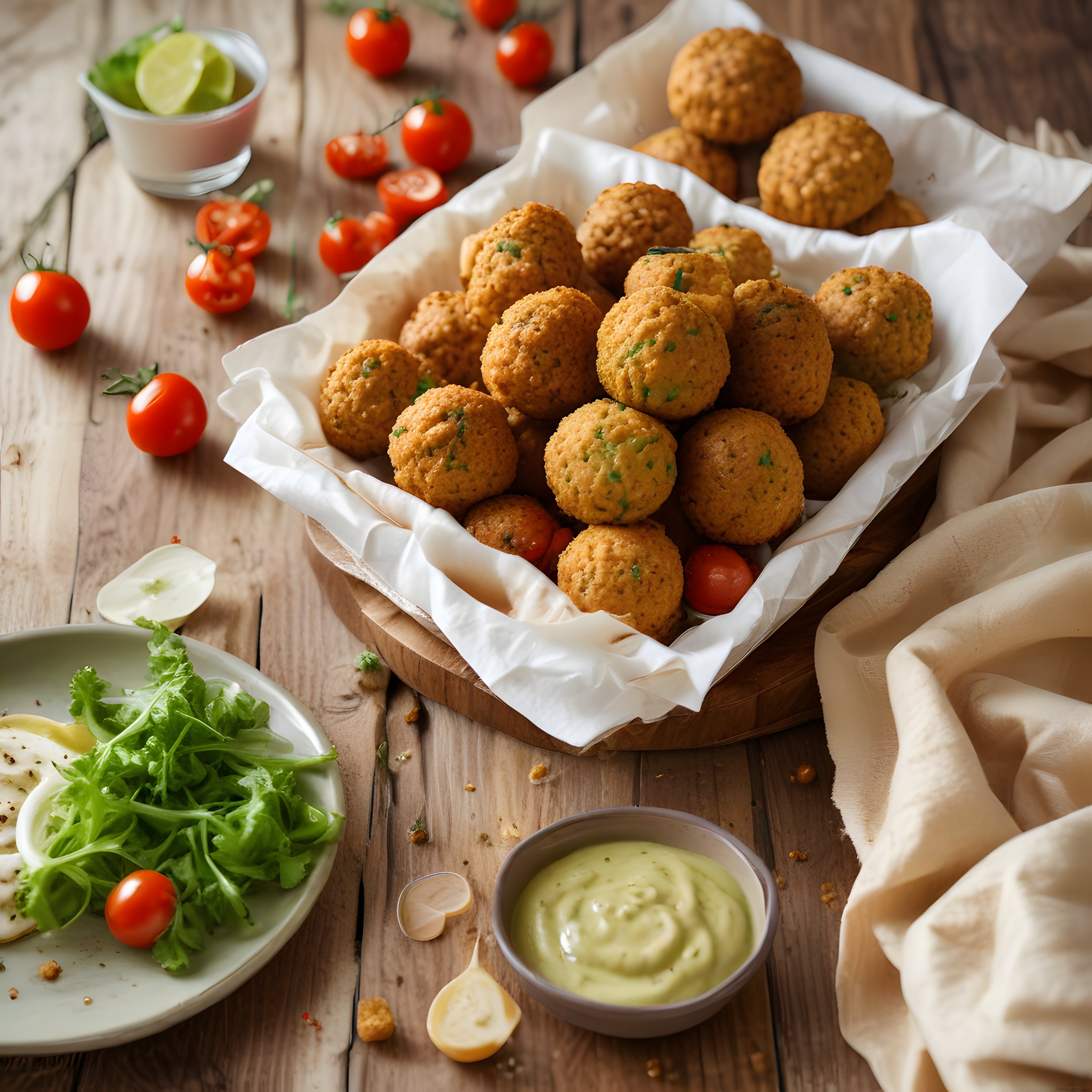 Ev Yapımı Kızarmış Falafel Topları ve Yeşil Dip Sos ile Sağlıklı Sunum