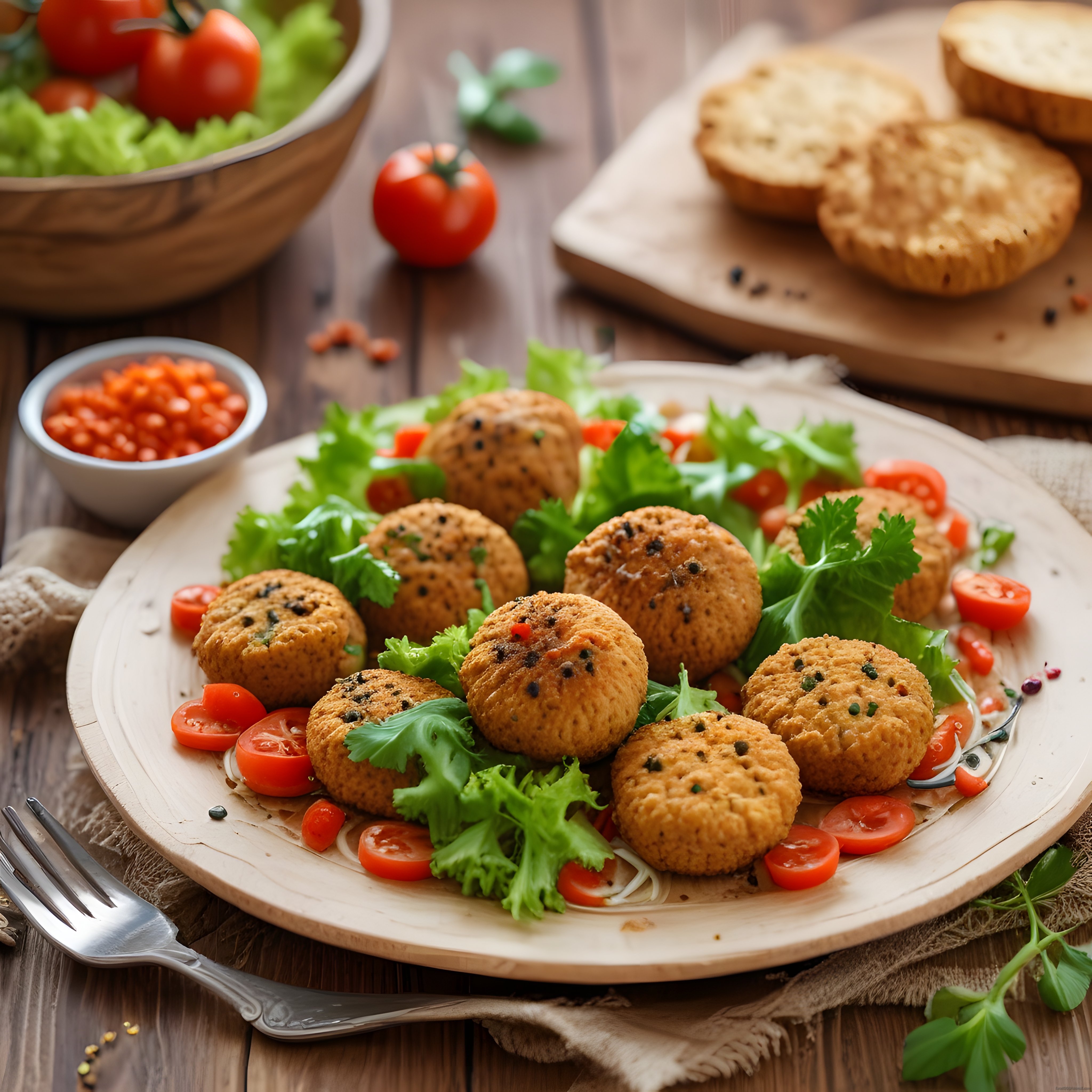 Ev Yapımı Kızarmış Falafel ve Taze Yeşilliklerle Nefis Masa Sunumu
