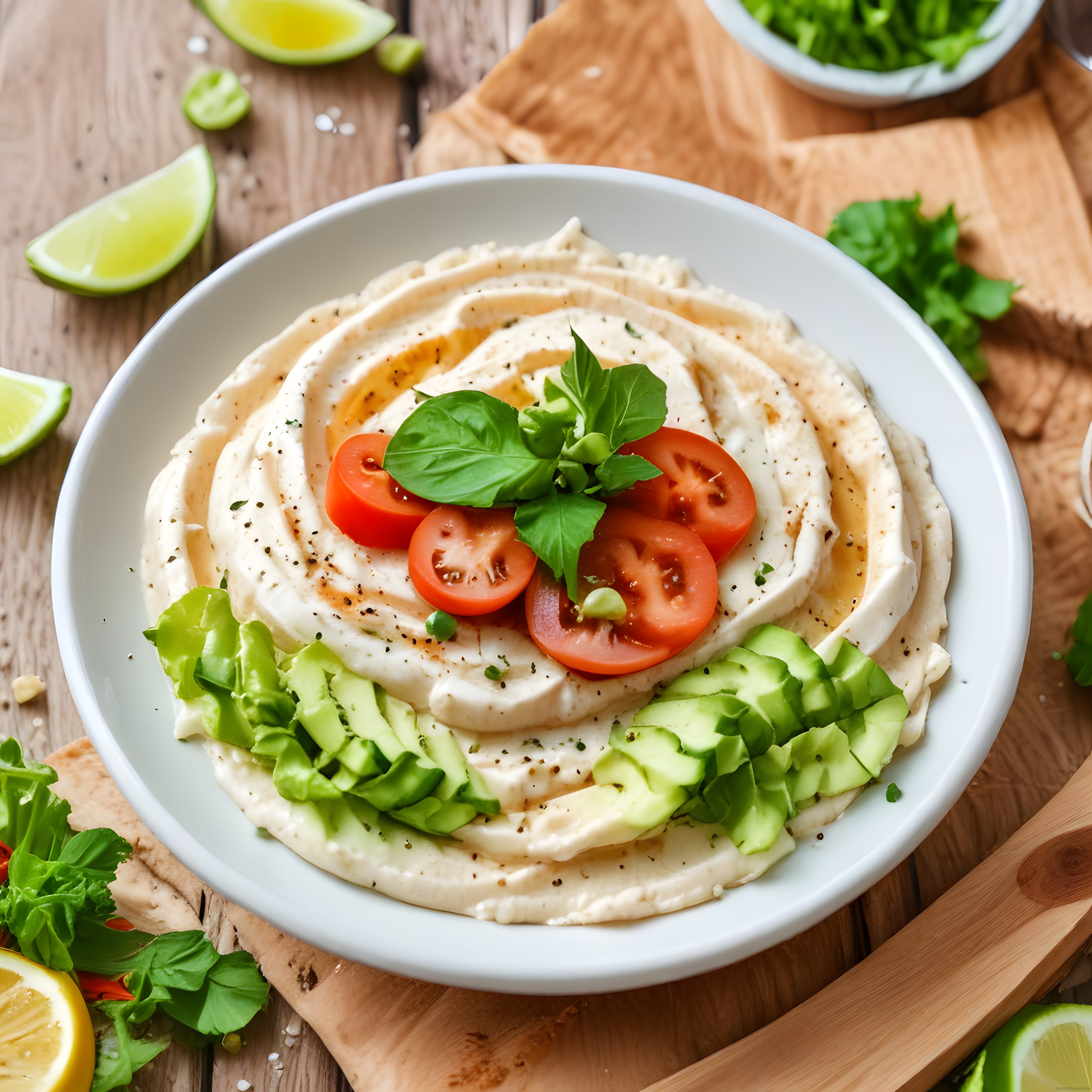 Ev Yapımı Krem Humus Tarifi: Taze Sebze ve Zeytinyağı Süslemesi