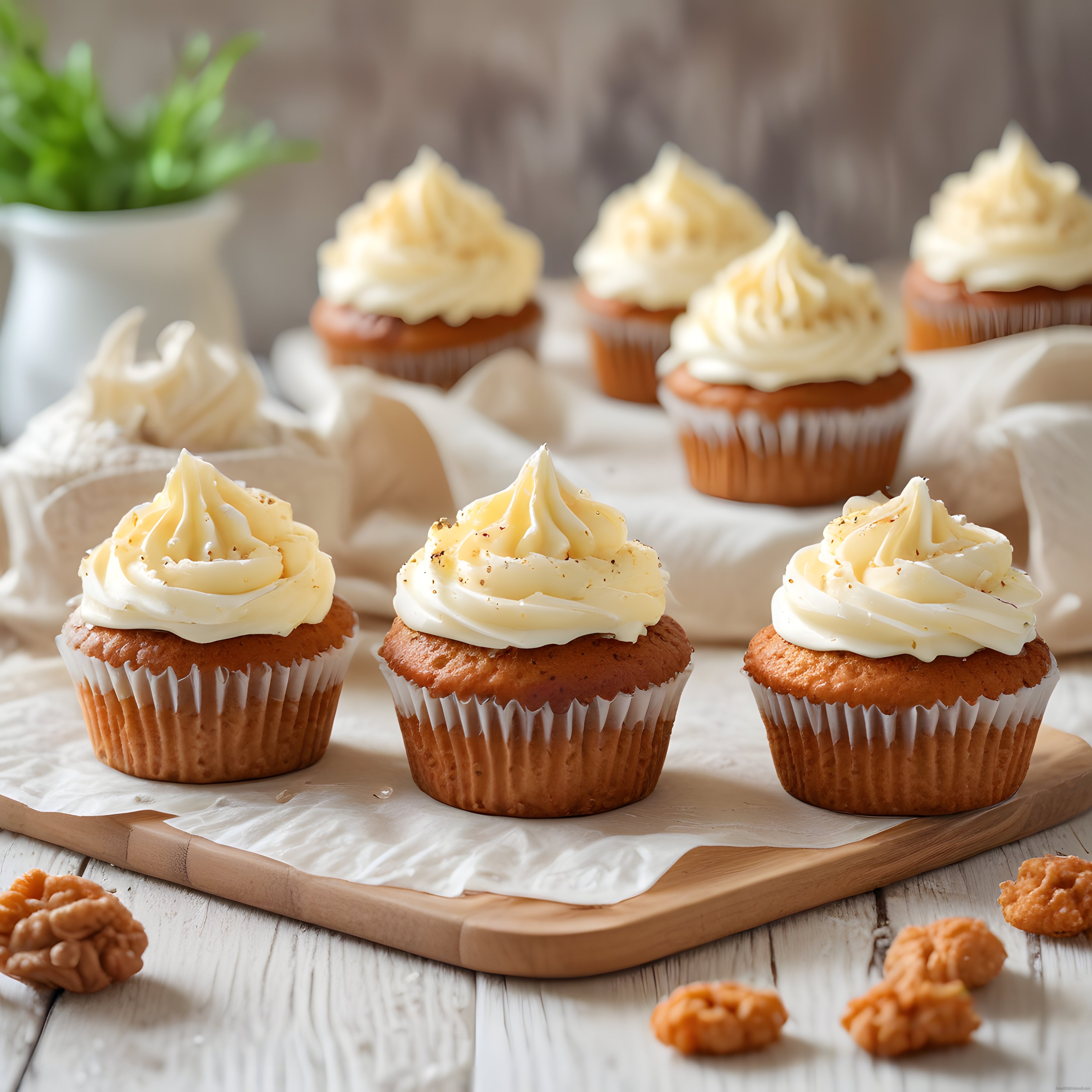 Ev Yapımı Krema Kaplı Cupcake'ler ve Cevizli Rustik Masa Sunumu