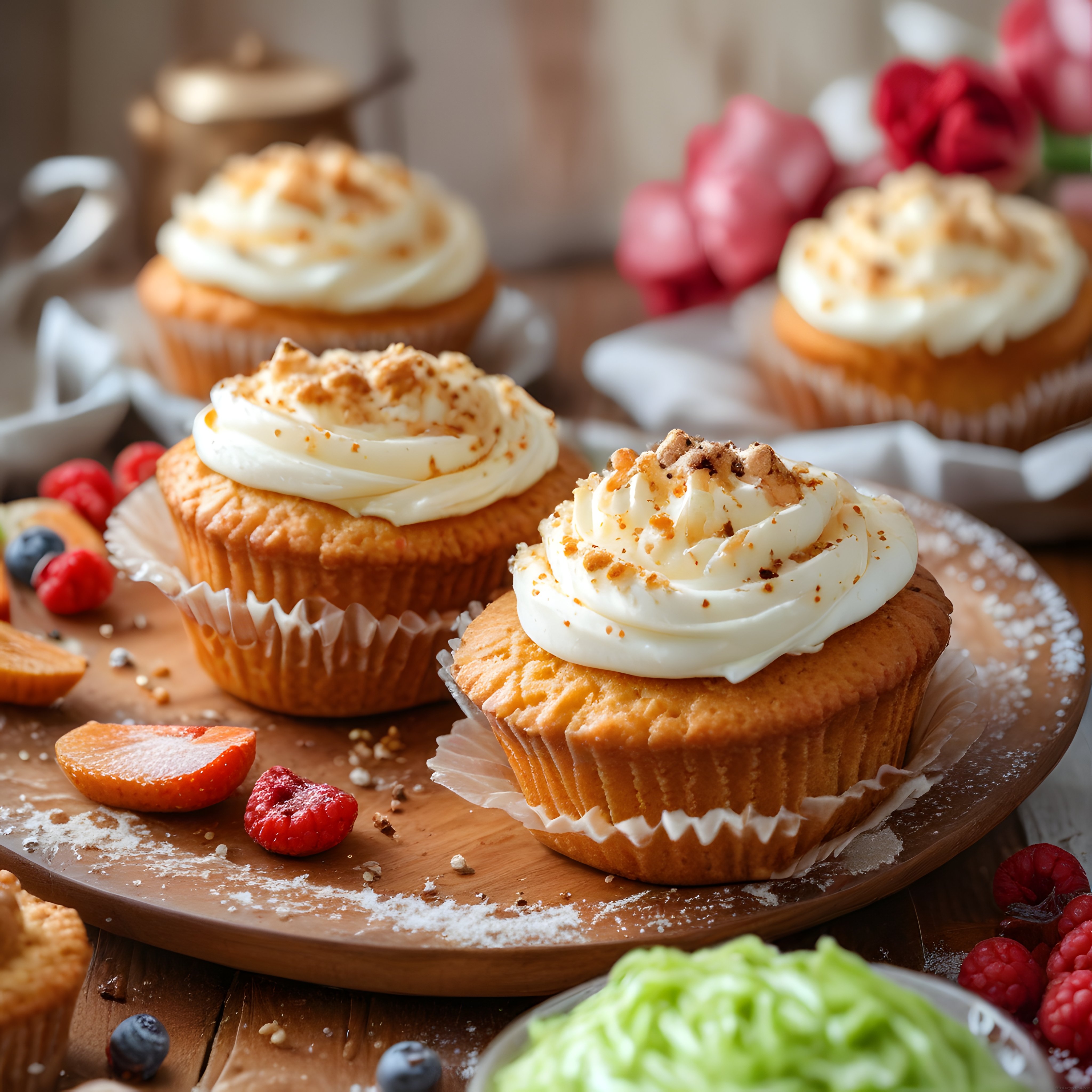 Ev Yapımı Kremalı Cupcake'ler ve Taze Orman Meyveli Sunum
