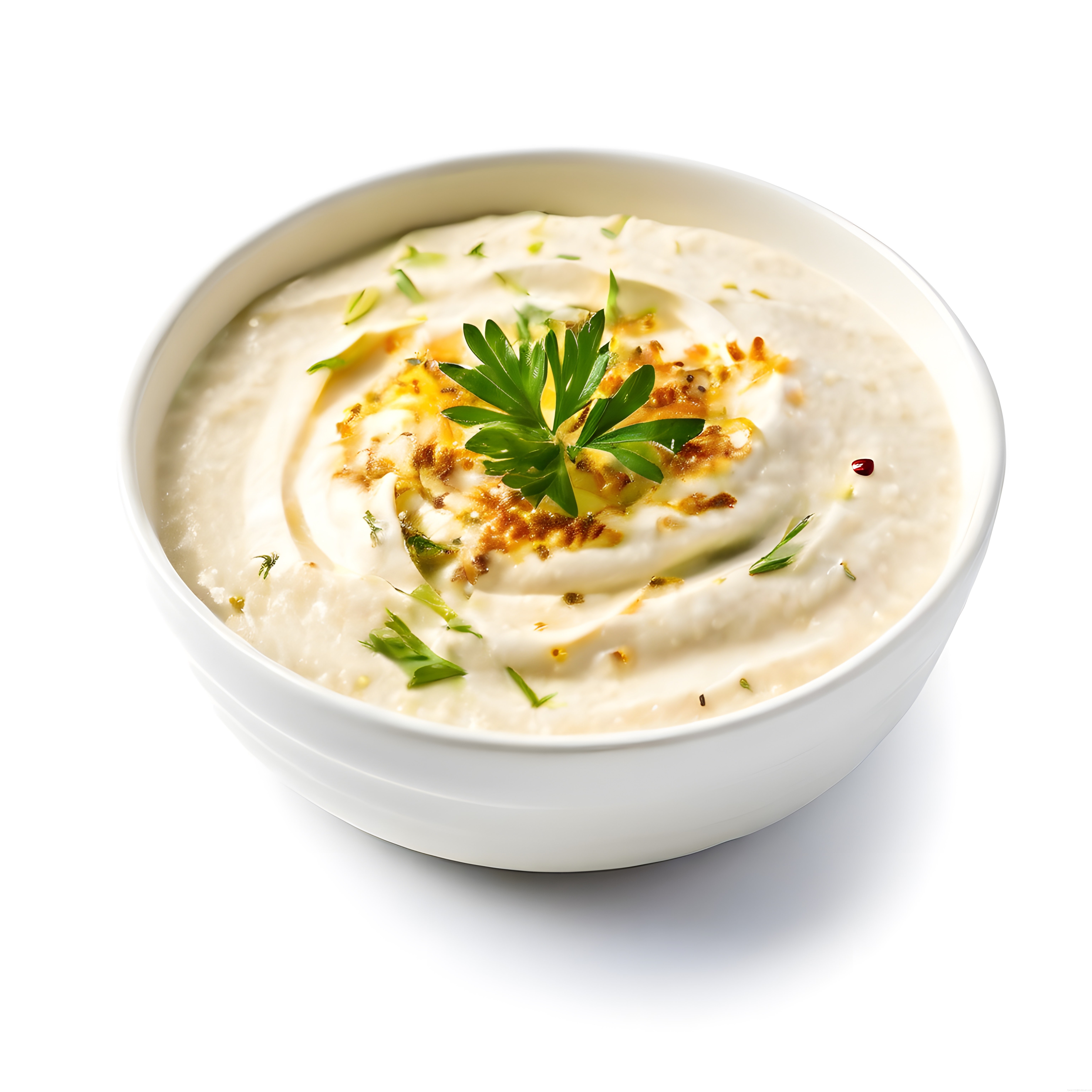 Ev Yapımı Kremalı Humus: Beyaz Kasede Maydanoz ve Baharat Süslemesi