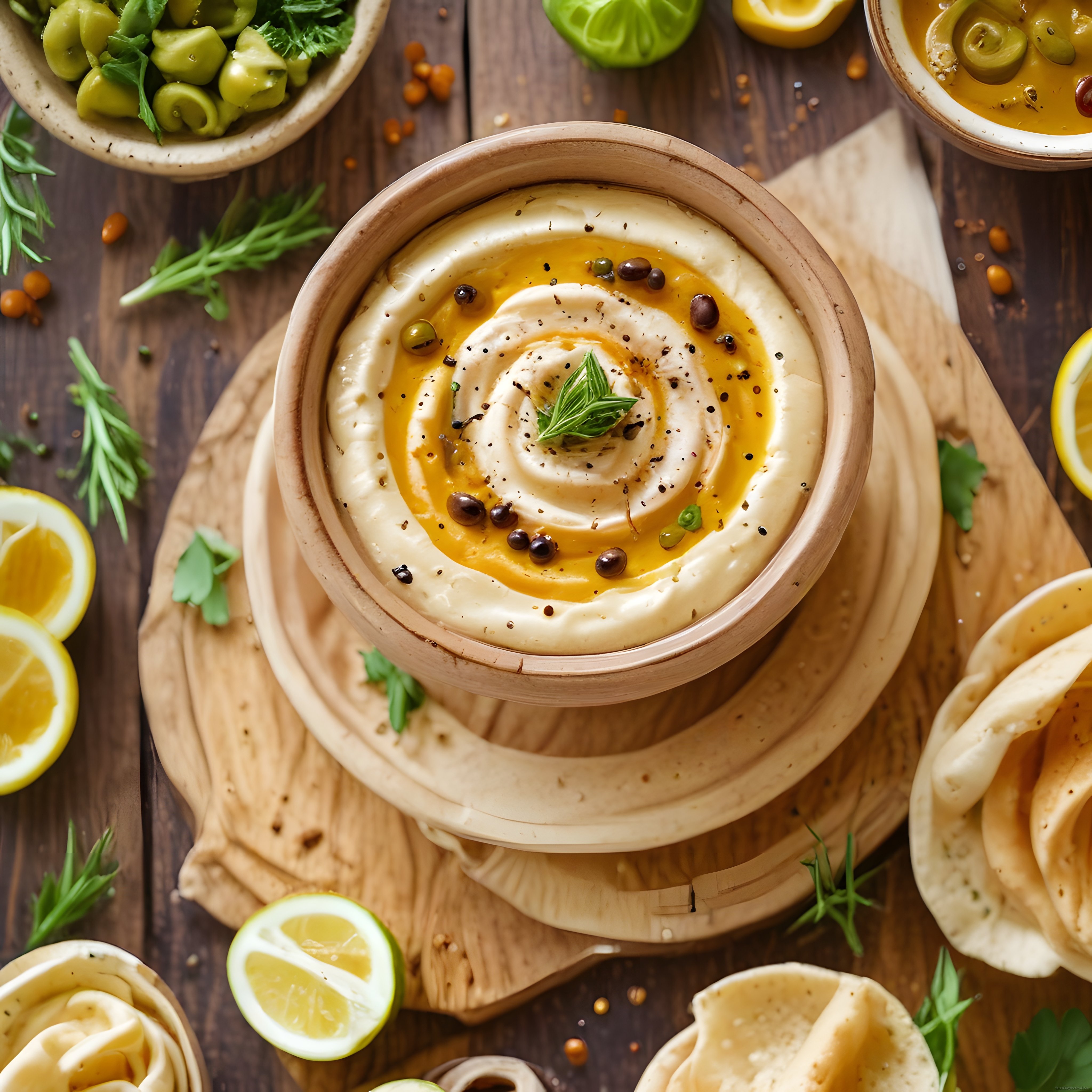 Ev Yapımı Kremalı Humus Mezesi, Taze Baharatlar ve Lavaş Eşliğinde