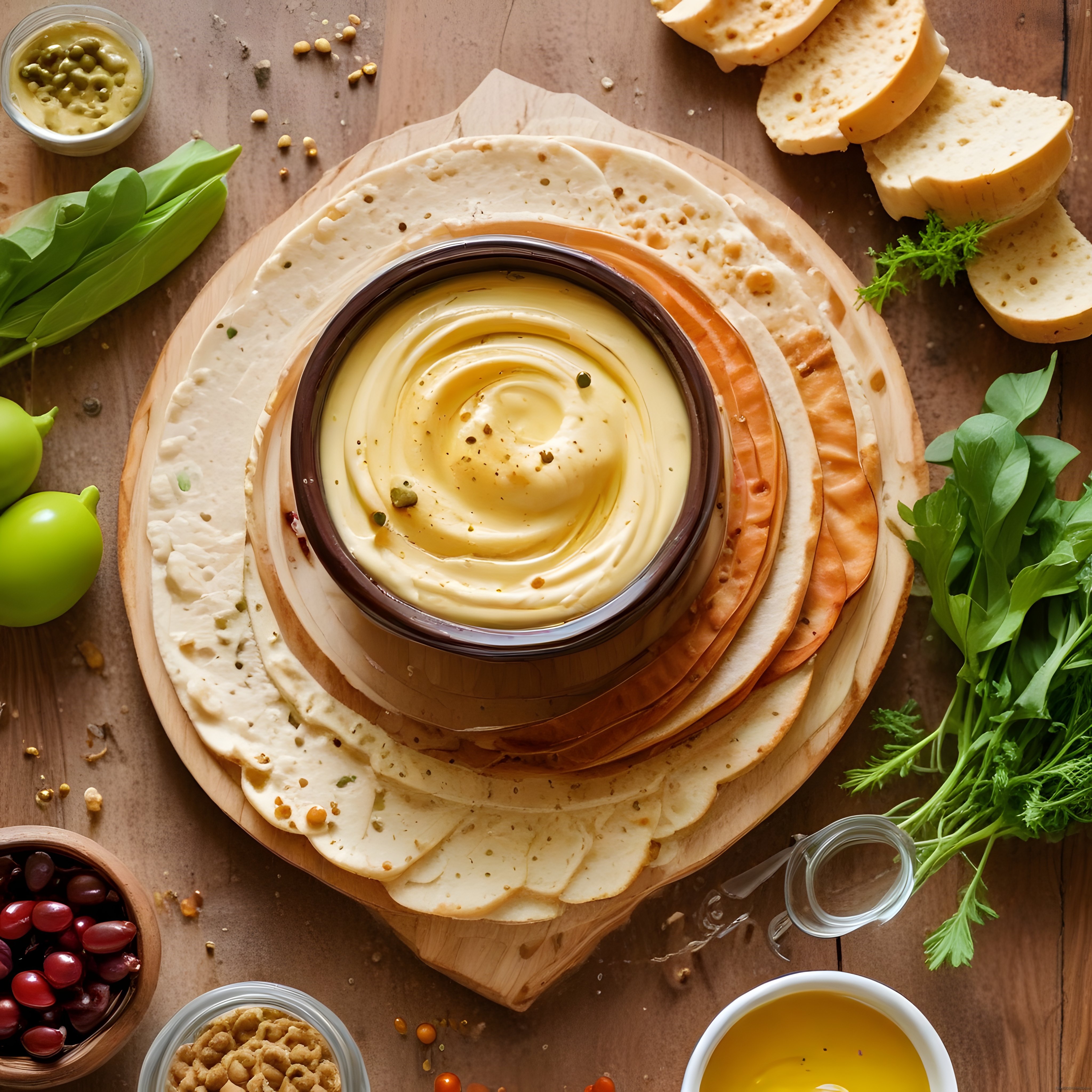 Ev Yapımı Kremalı Humus ve Taze Lavaş Ekmekli Rustik Meze Tabağı Sunumu