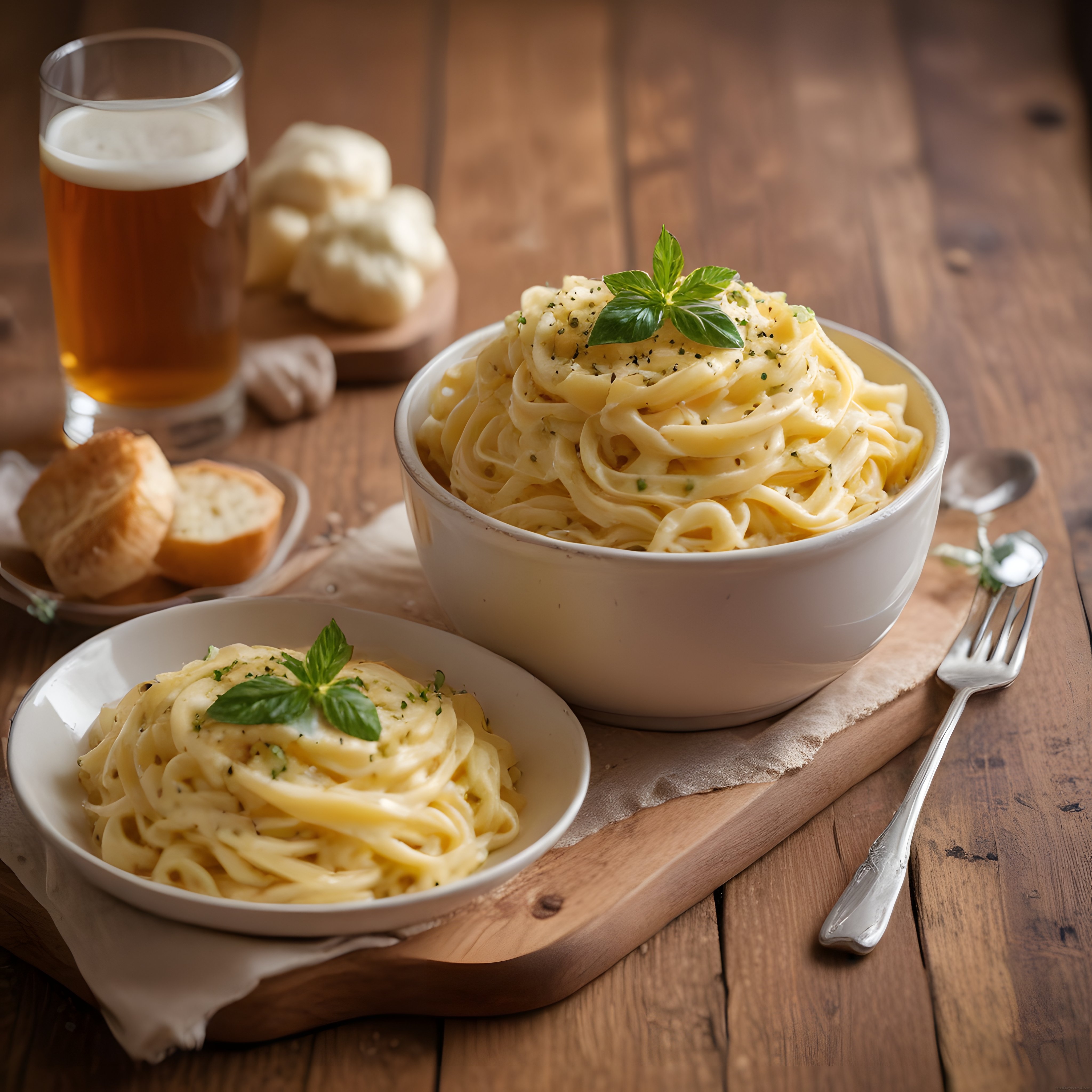 Ev Yapımı Kremalı Spagetti Makarna ve Soğuk Bira ile Rustik Sunum
