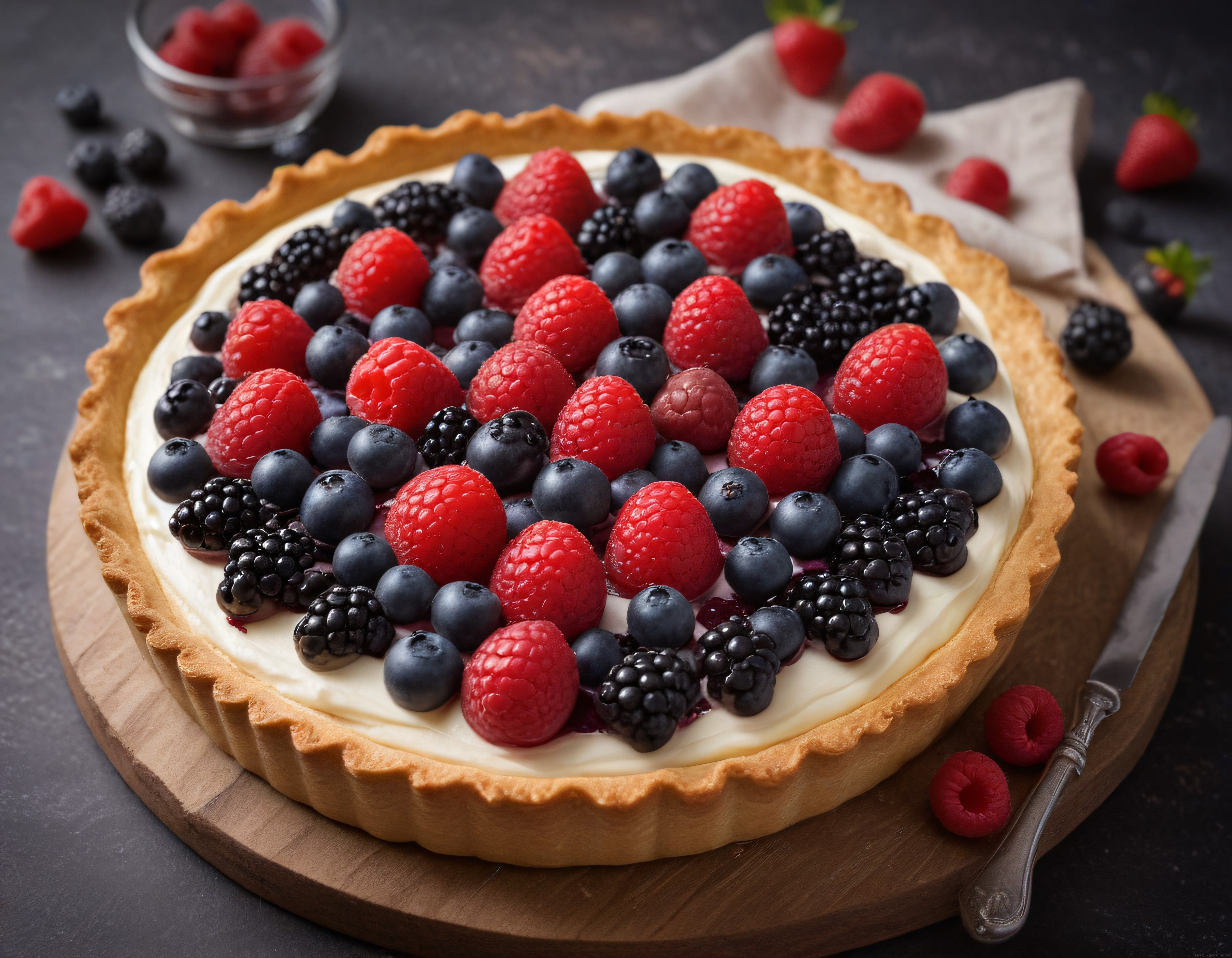 Ev Yapımı Kremalı Tart Üzerinde Taze Ahududu Böğürtlen ve Yaban Mersini