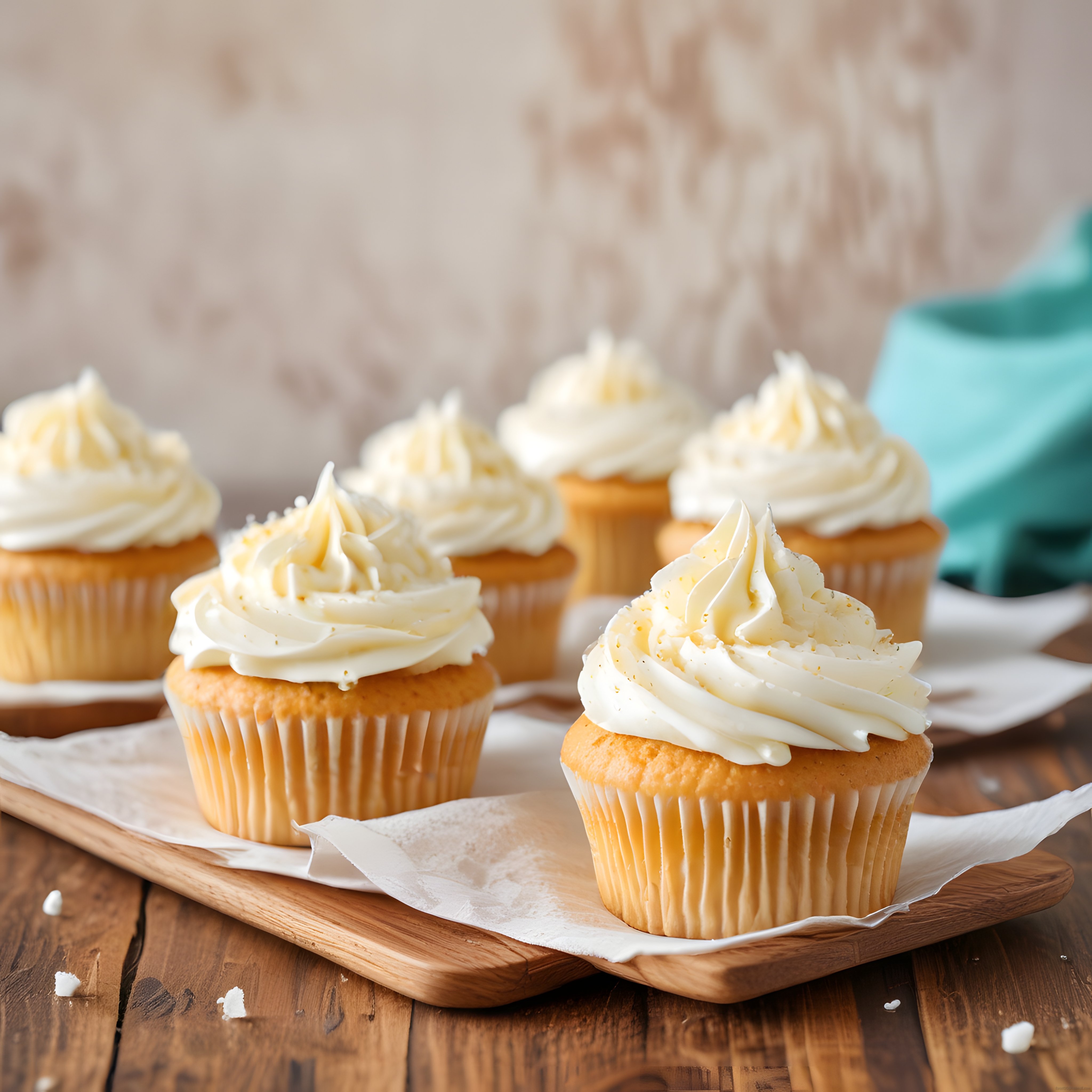 Ev Yapımı Kremalı Vanilya Cupcake'ler ve Rustik Ahşap Sunum Detayları