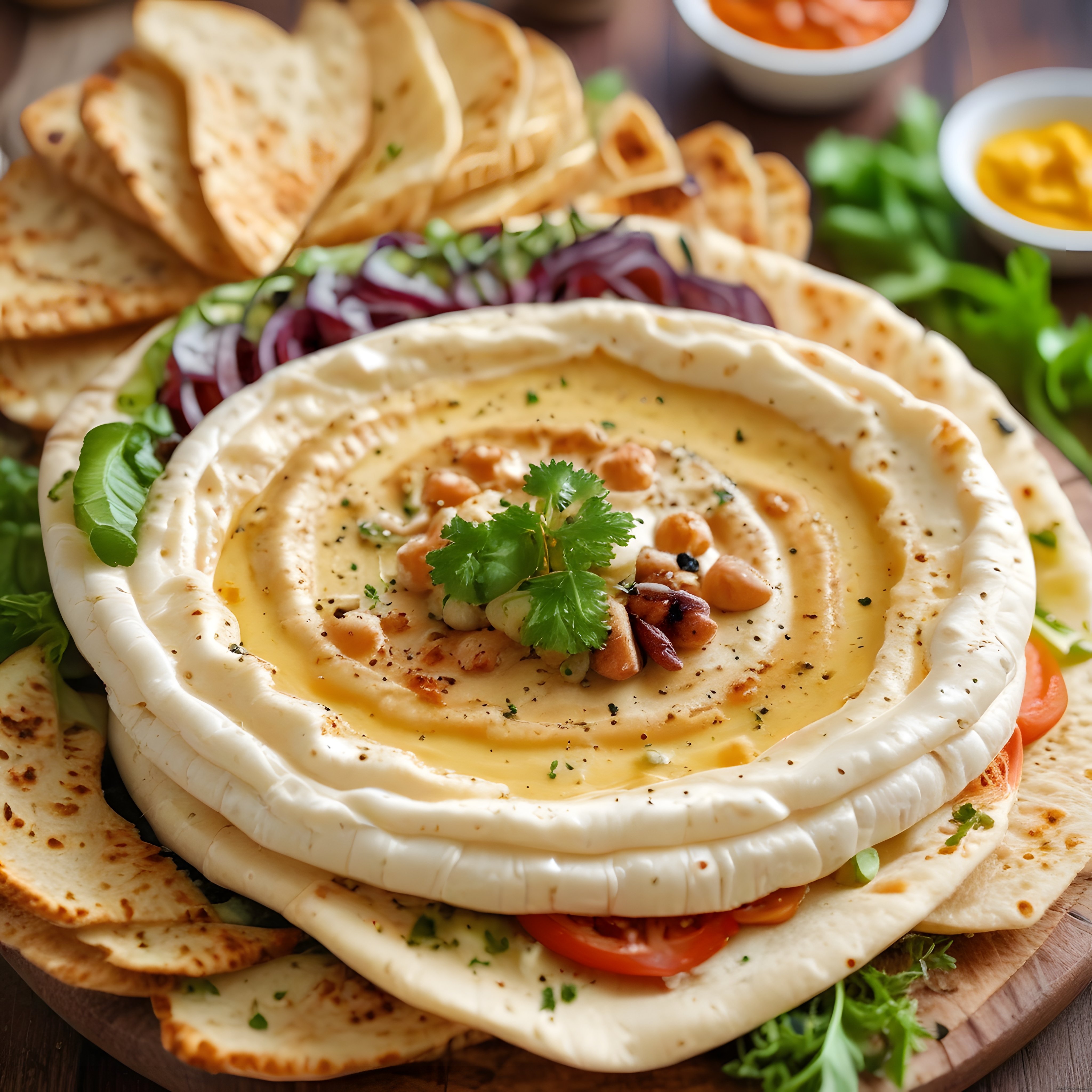 Ev yapımı kremamsı humus, taze kişniş ve nohut süslemesiyle meze tabağı