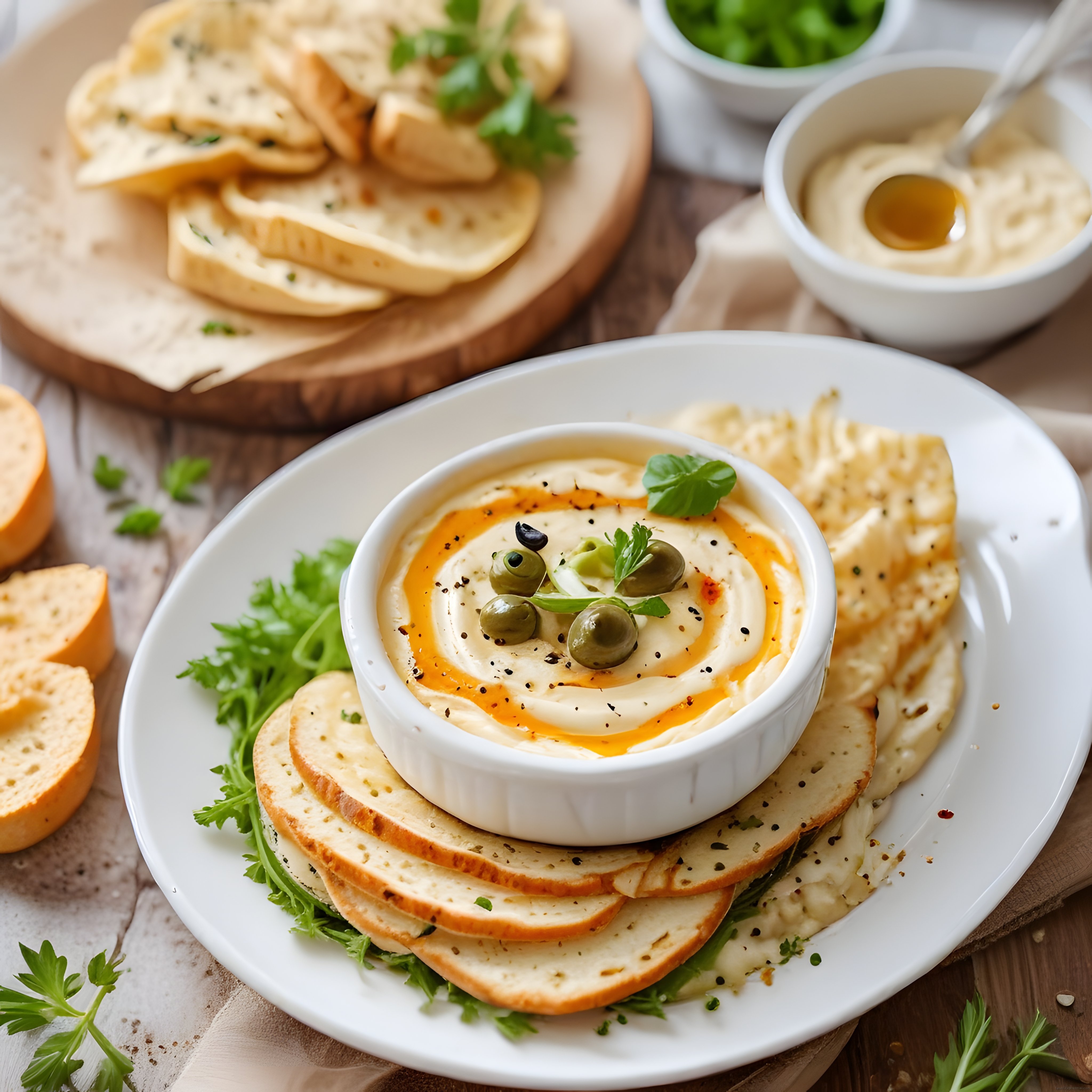 Ev Yapımı Kreması Humus ve Baharatlı Fırın Ekmekleriyle Rustik Sunum