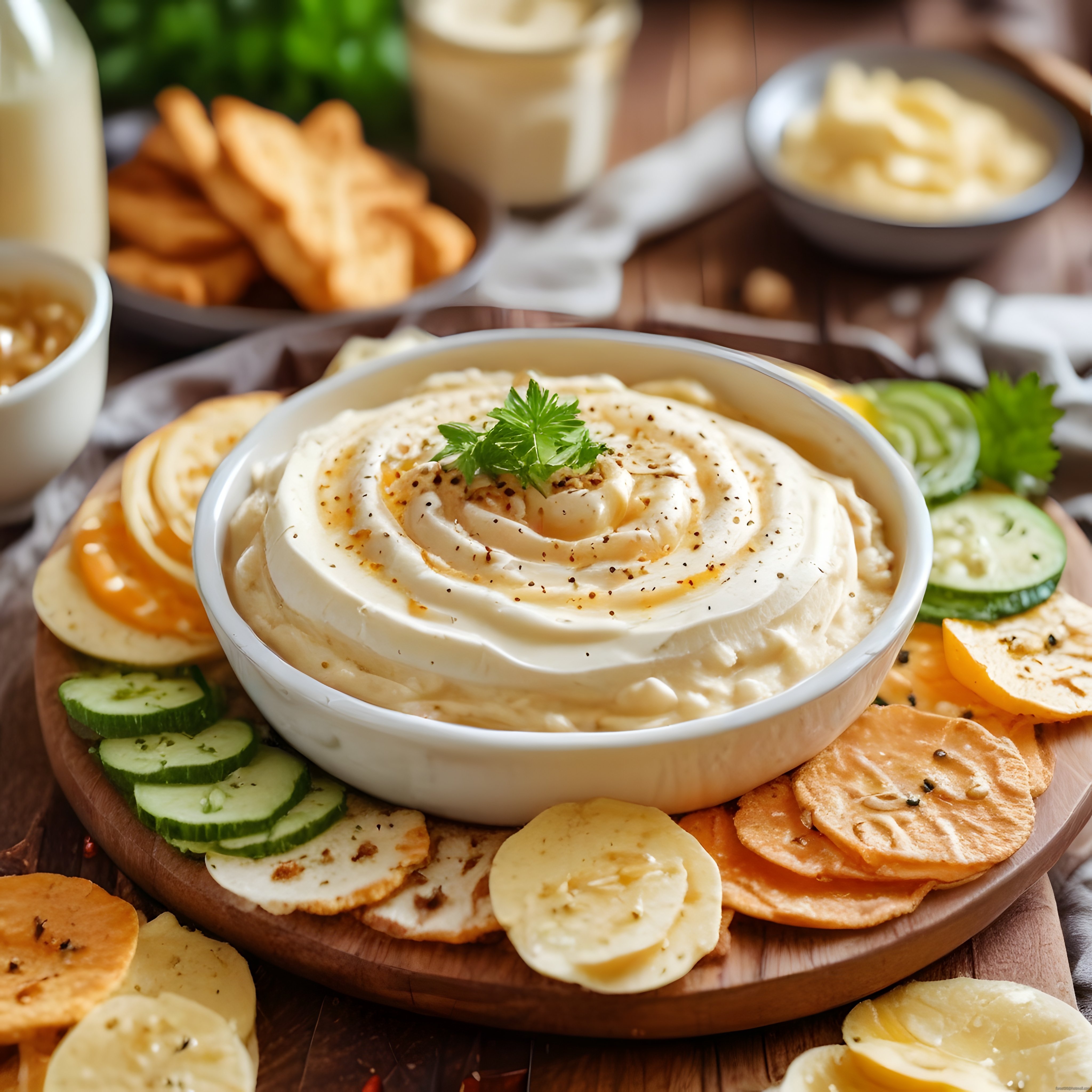 Ev yapımı kremsi humus ve renkli sebze cipslerinin şık ahşap sunumu