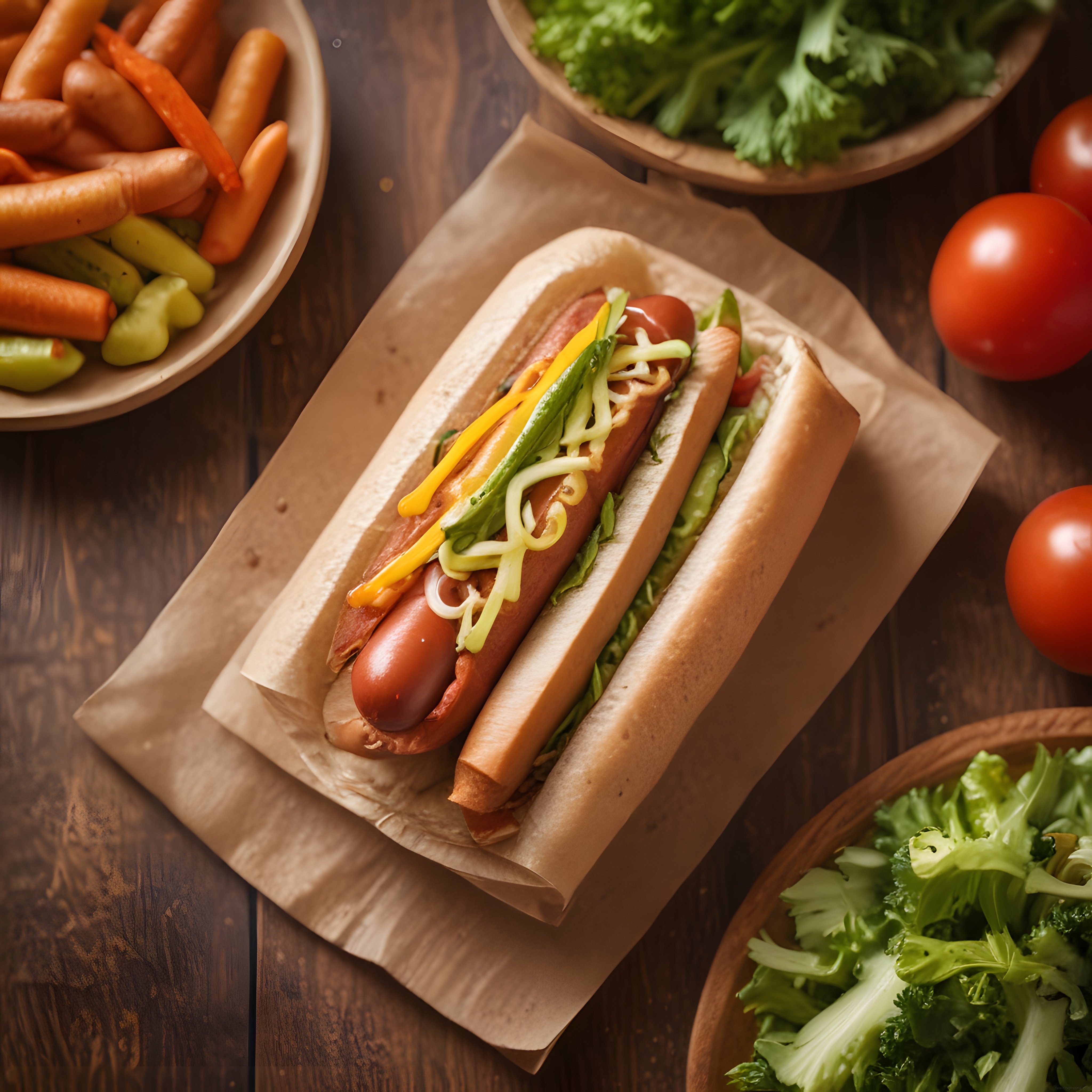 Ev Yapımı Lezzetli Hot Dog Taze Sebzeler ve Soslarla Dolu Nefis Sunum